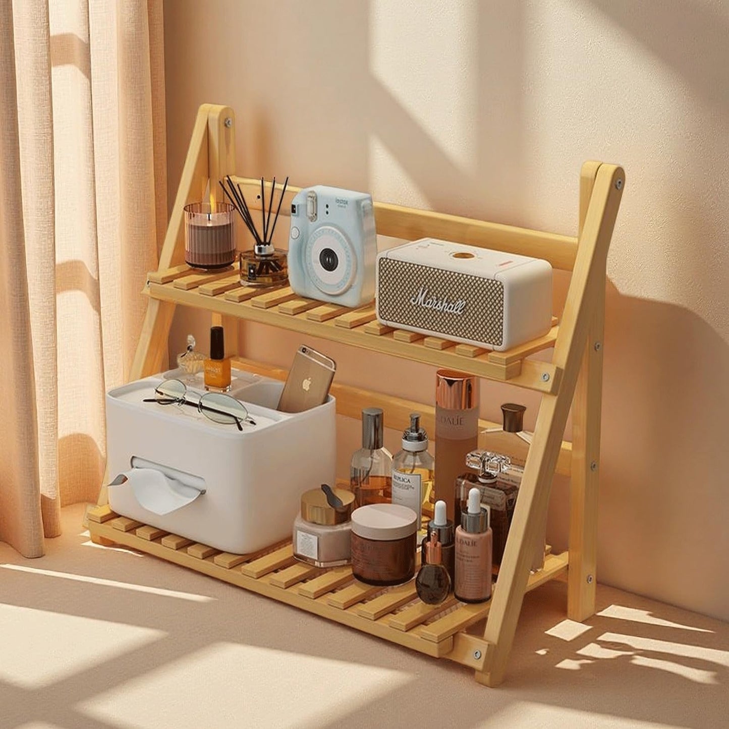 NUOLUTH Matcha Station Organizer Shelf：Bamboo organizer for coffee bar,Matcha Whisk,Small plants,bathroom,11.7" Foldable Countertop Display Rack for Kitchen,Window Sill&Living Room 2 Tier