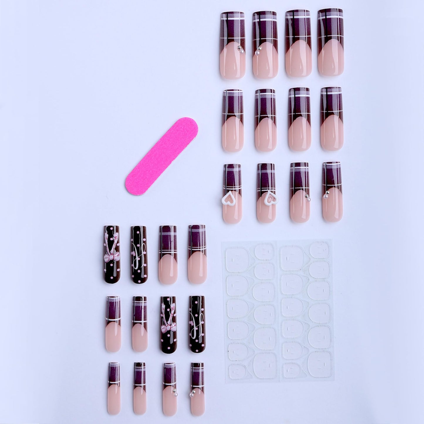 Long Press on Nails Square Fake Nails Purple Artificial Nail Plaid French Tip Brown Polka Dot Bow Heart Charm Glossy Stick on Nail Coquette Style for Women 24pcs