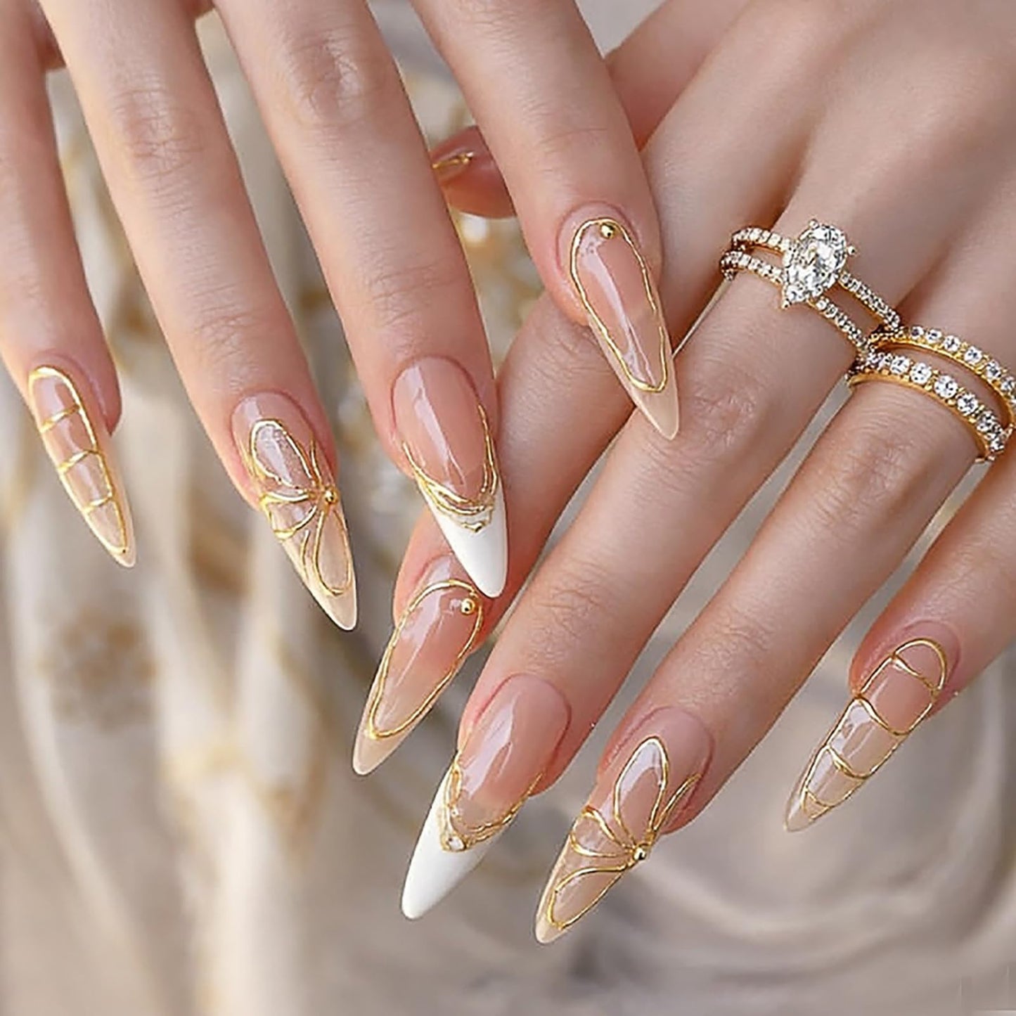 French Long Press on Nails Almond White Tip Fake Nails Gilded Butterfly Stick on Nails Gold-Edged Lines False Nails for Women Manicure Decoration 30Pcs