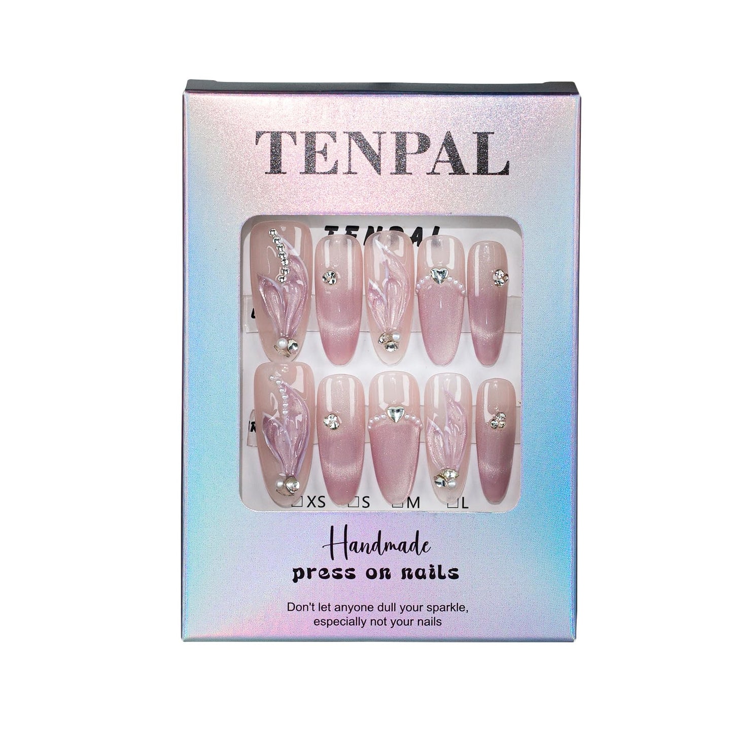 TENPAL Gradient Purple Press on Nails Long Almond,Cat Eye Mermaid Tail Designs Fake Nails,Detachable Acrylic Glitter False Nails with Tools,Handmade Glossy Artificial Glue on Nails,Medium Size