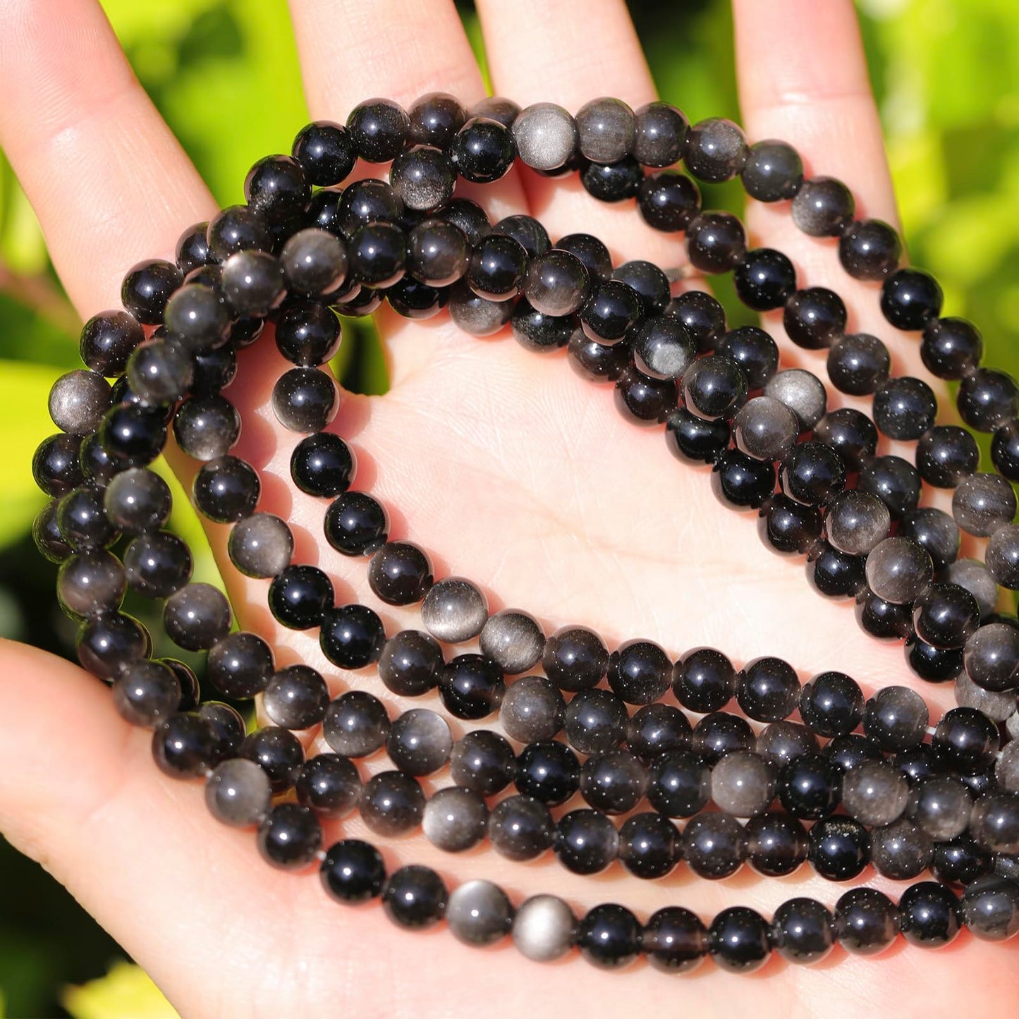 6mm Natural Stone Beads 65pcs Silver Obsidian Polished Round Smooth Crystal Loose Gemstone Beads for Jewelry Making DIY Bracelet Necklace Earring Crafts Supplies