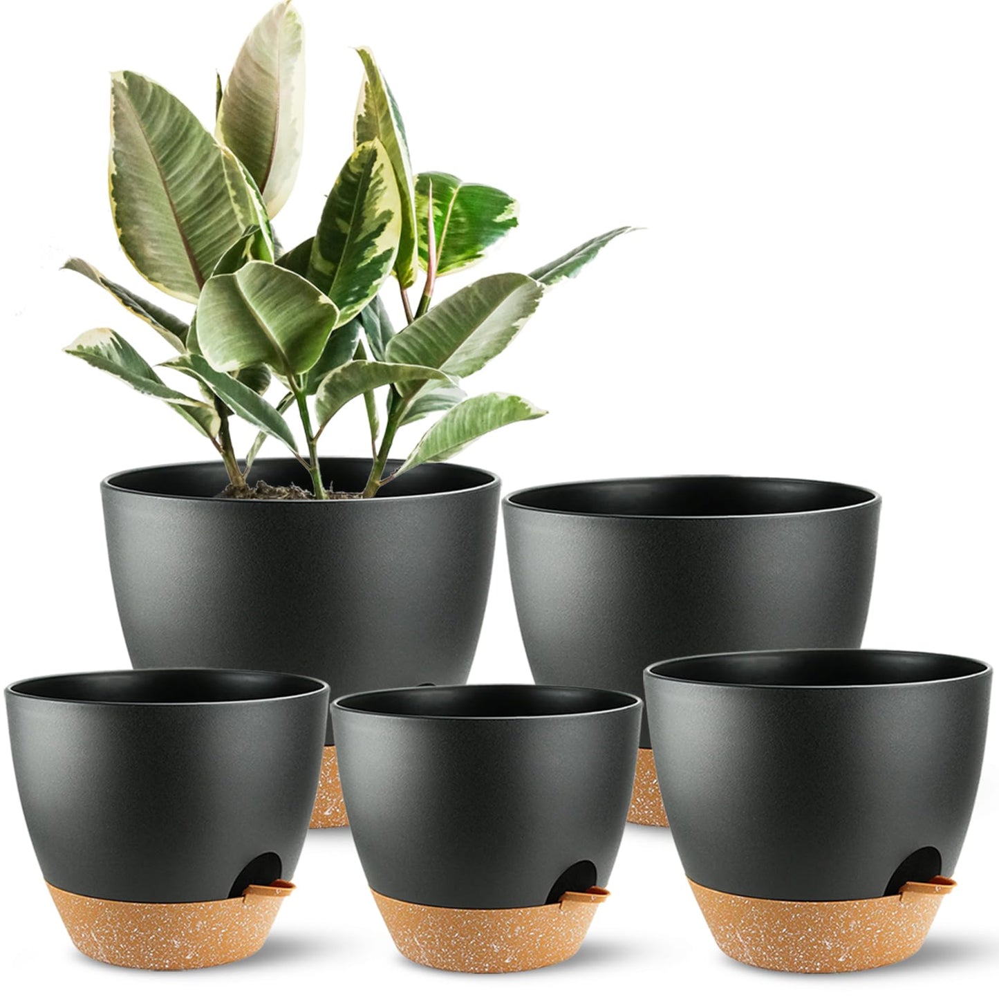 SE SUN-E Self Watering Plants Pot with Drainage Hole, Flower Plants Pots for Indoor & Outdoor, Black Plastic Self Watering Planters Succulent Pot 5pcs/Set
