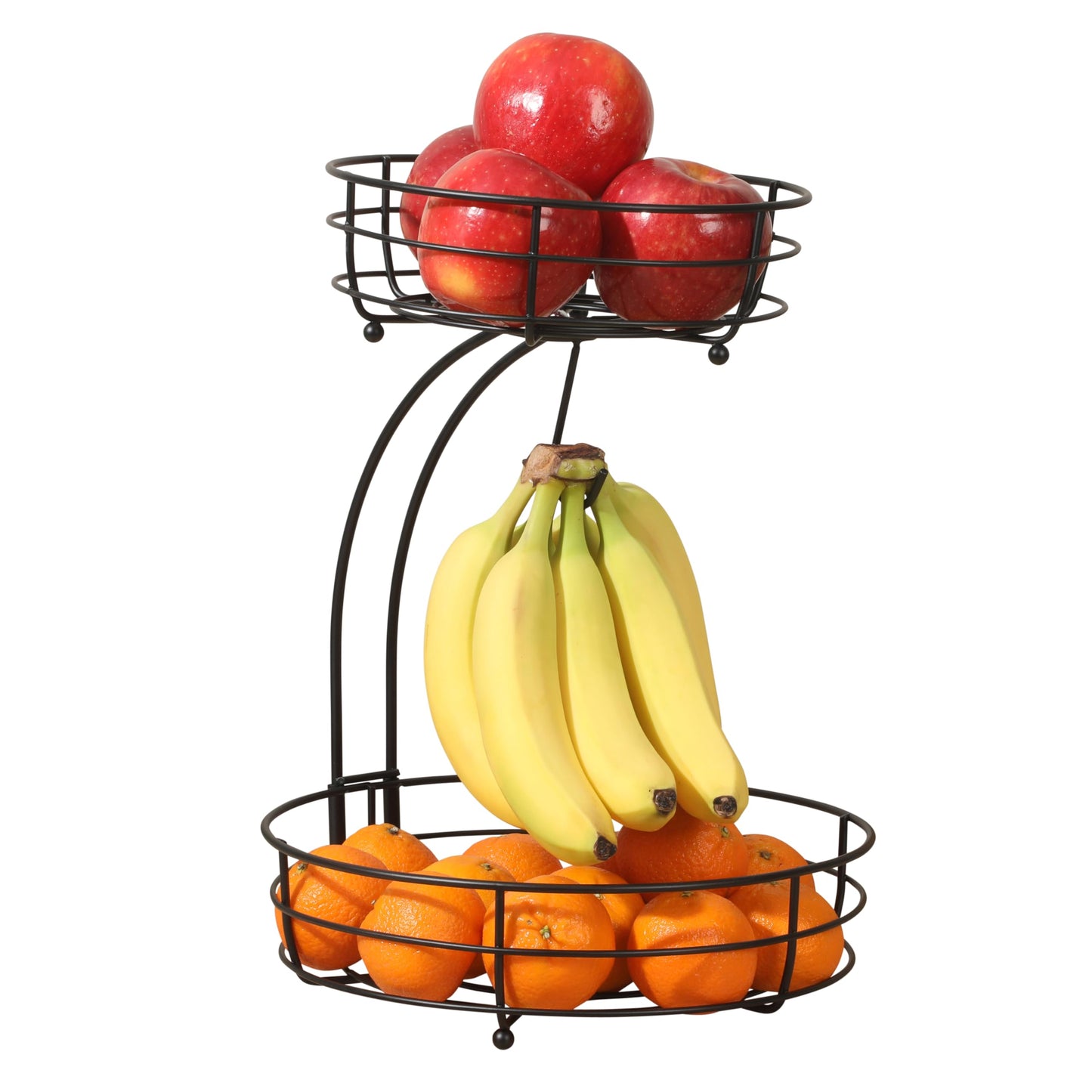 Gibson Home Harvest Season Two-Tier Fruit Basket with Banana Hanger – Black Metal Countertop Produce Stand – Kitchen Storage Organizer for Apples, Oranges, Bananas – Durable Iron Wire Frame