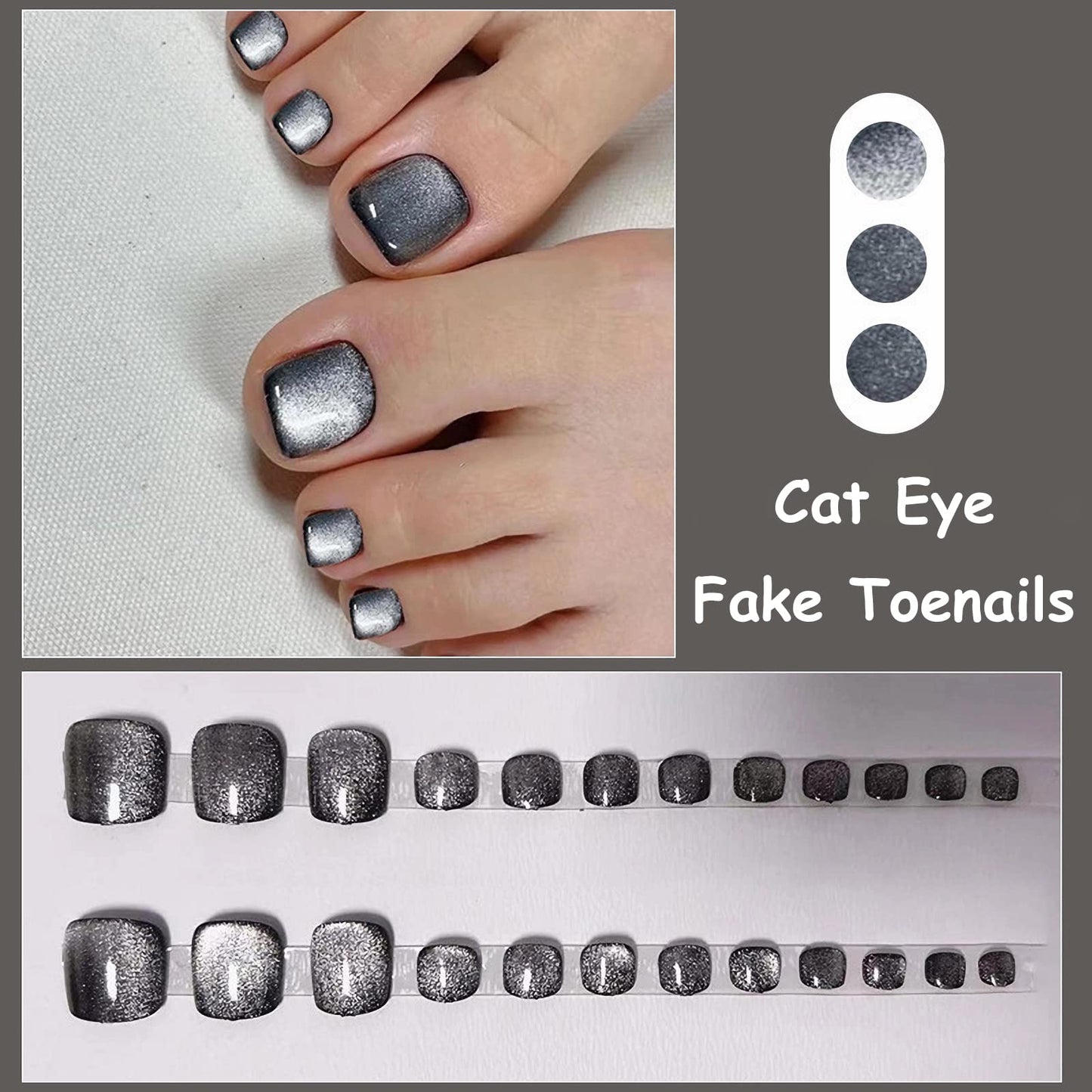 MISUD Press on Nails - Toe Glue on Nails with Black Cat Eye, Acrylic Toenails Bling Design 24 pcs