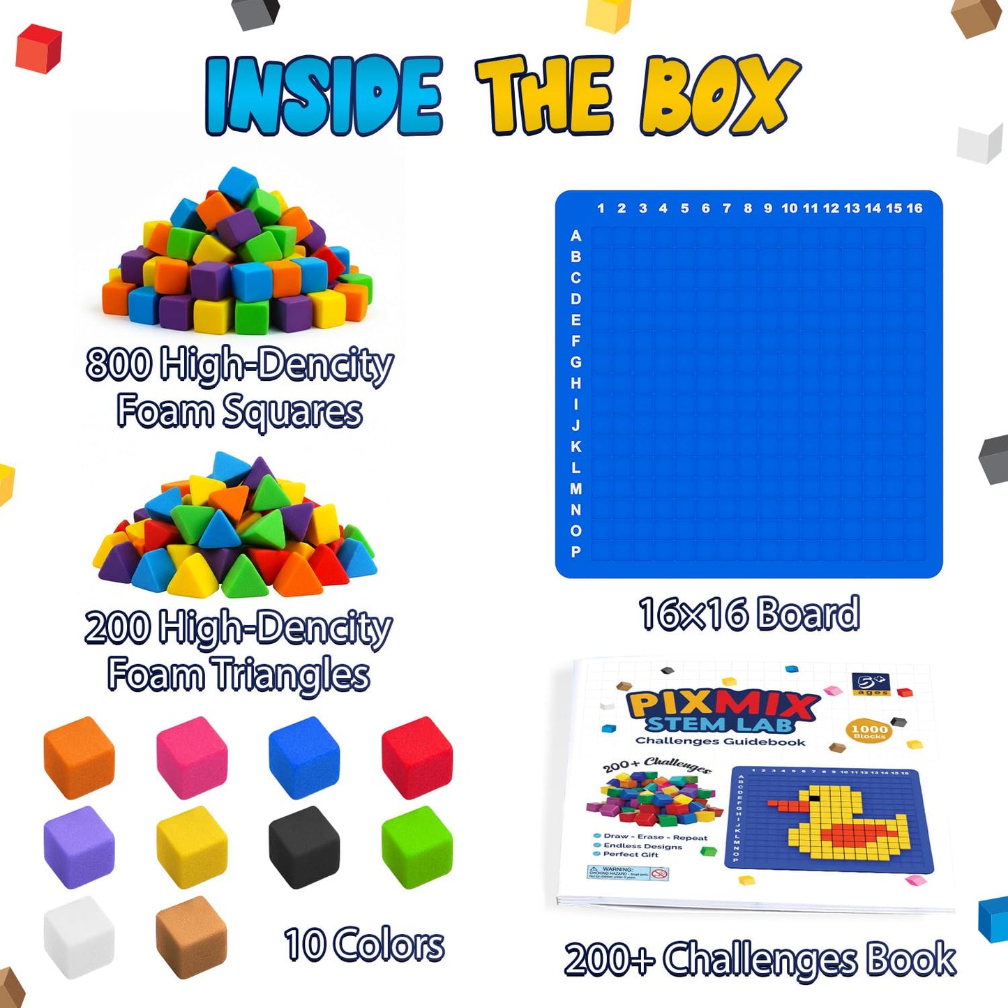 WIZZLY PIXMIX Pixel Building Art Kit for Kids Ages 5+ – STEM Toy for Boys & Girls, Creative Learning & Sensory Activity – 16x16 Board, 1000 Pieces, 200+ Multi-Level Challenges