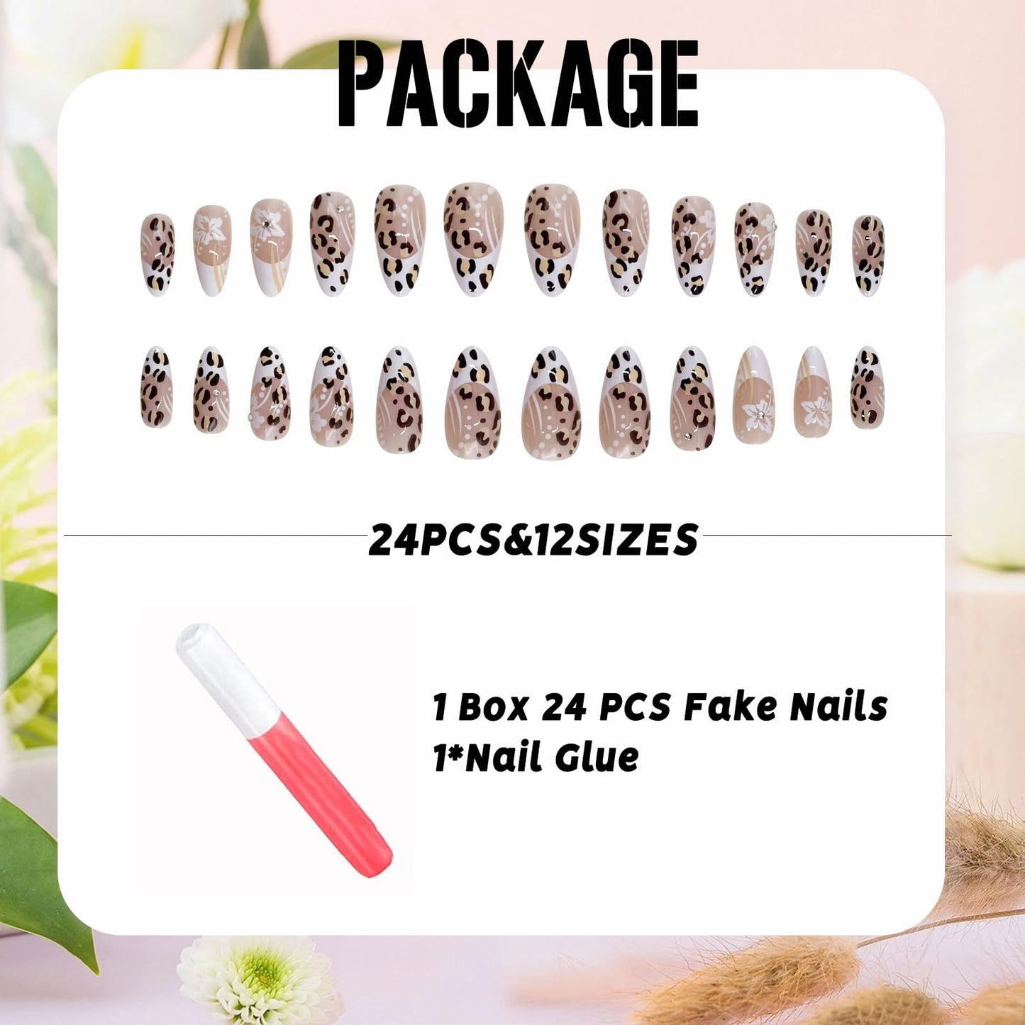 IMSOHOT Press on Nails Almond Medium Fake Nails White French Tips False Nails with Leopard Print Design Flower Acrylic Nail Supplies Glossy Full Cover Glue on Nails for Women 24Pcs