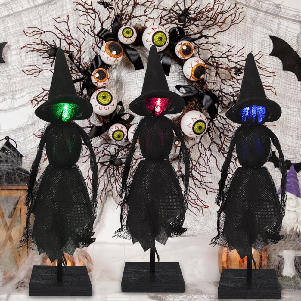DIYDEC Witch Indoor Decorations 3pcs Halloween Witch on Wooden Stand With Light Up Halloween Table Centerpieces Signs for Home Shelf Mantels Kitchen Indoor Decorations Gifts