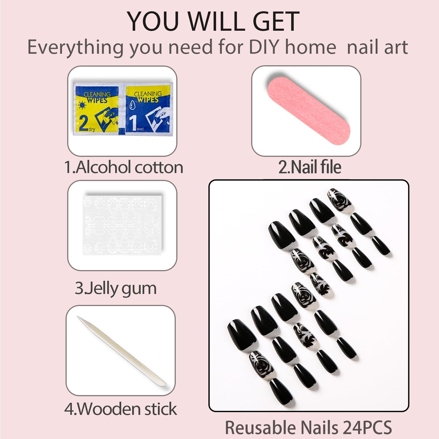 24PCS Black Rose Flower Press on Nails Medium Length Coffin Fake Fingernails Glossy Full Cover Artificial False Nails Kit With Black Rose Designs Fale Nails Nails For Women Girls Manicure