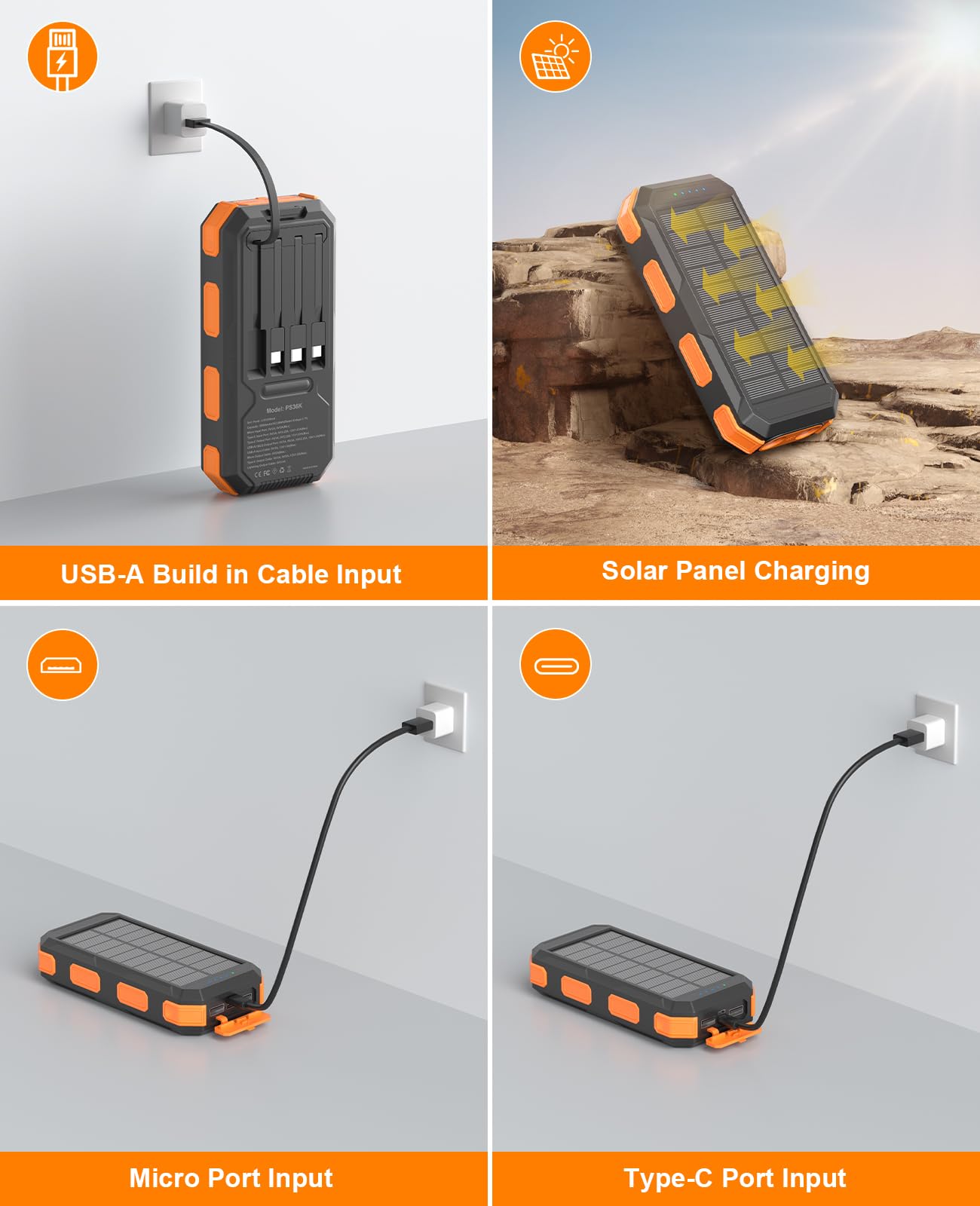 Solar Charger Power Bank 38800mAh, PD 22.5W USB-C Fast Charging Portable Charger with 4 Built-in Cables, External Battery Pack with Dual LED Emergency Flashlights for Camping, Hiking, Outdoor Use