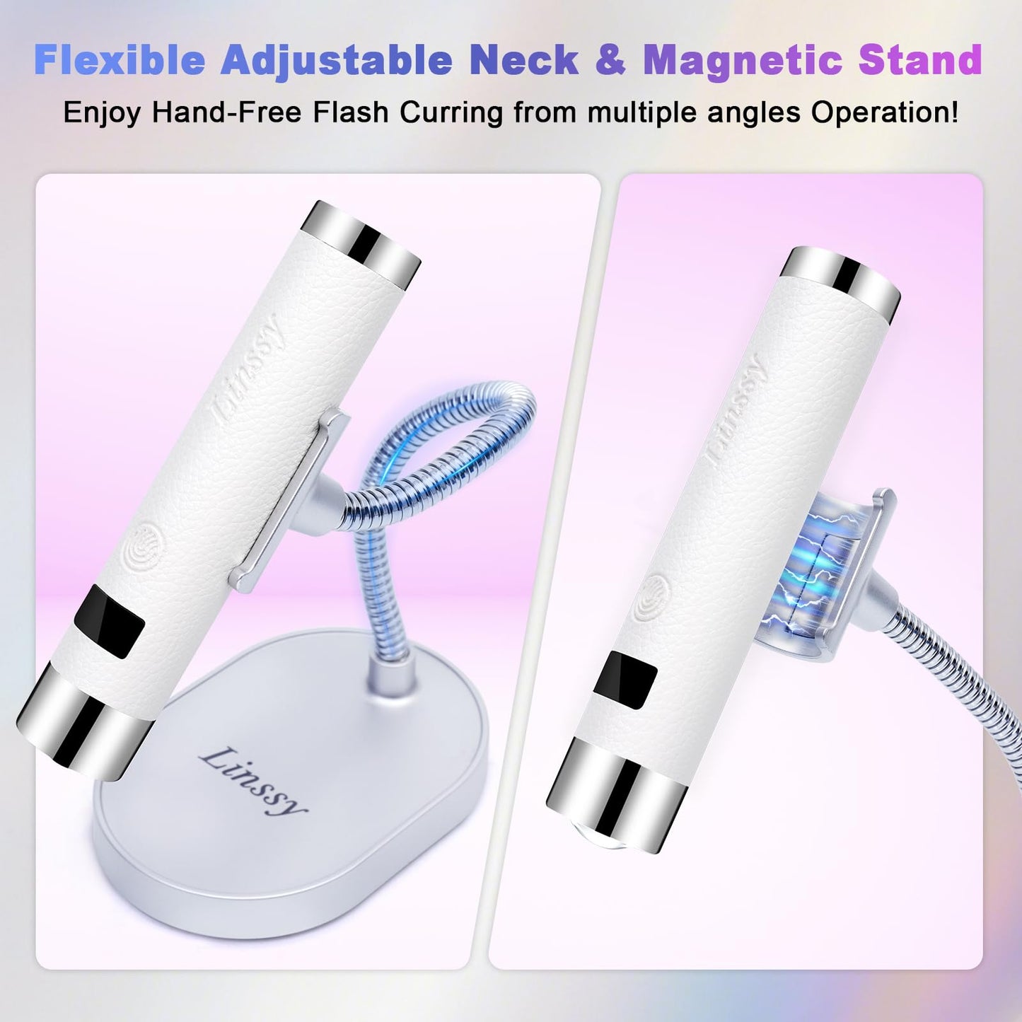 Linssy Mini UV Light for Nails with Auto Sensor & Gooseneck Stand,Portable Cordless Nail Lamp Flash Cure Lamp with LCD Display,Handheld UV Light for Gel Nails at Salon & Home Use (White)