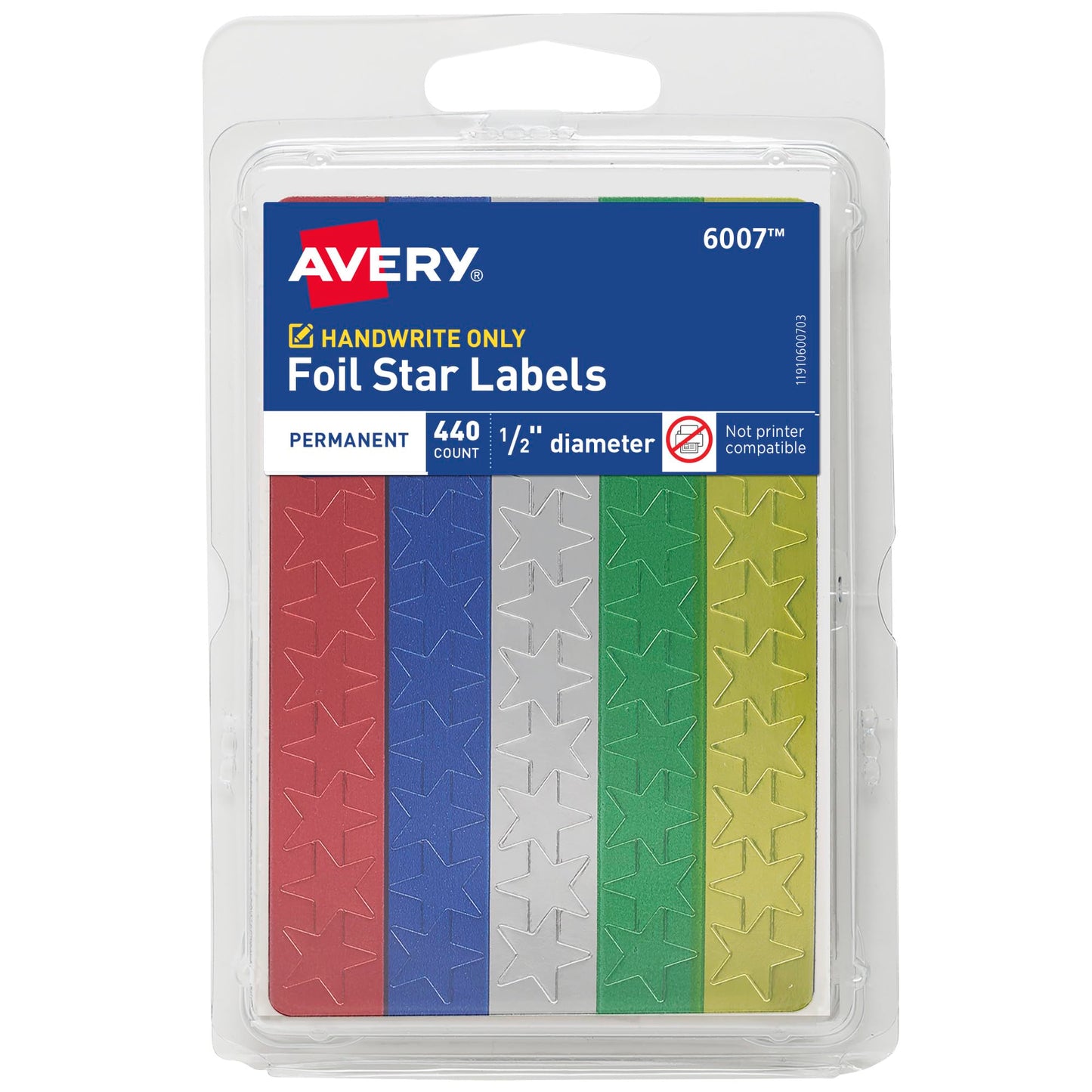 Avery Foil Star Labels, 1/2", Assorted Colors, Non-Printable, 440 Labels Per Pack, 36 Packs, 15,840 Star Stickers Total (6007)