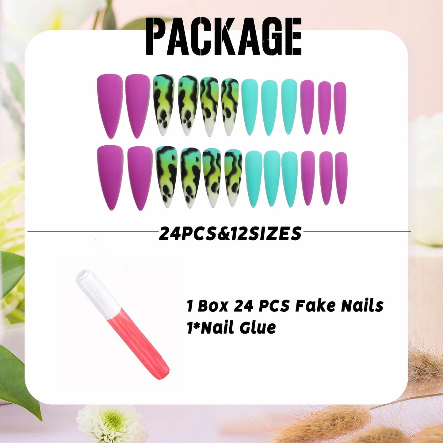 IMSOHOT Press on Nails Long Stiletto Fake Nails Purple Green Ombre Acrylic False Nails Matte Full Cover Glue on Nails