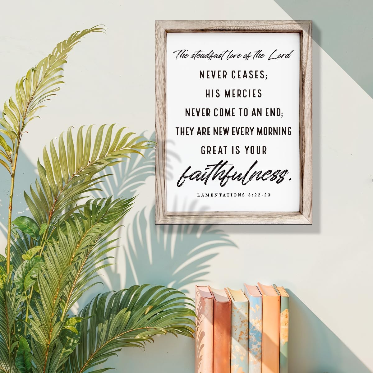 Christian Wooden Wall Signs, Living Room Decor, Home Church Decor for Room, Framed Wall Plaque Sign 15 * 11.5 inches, The Steadfast Love of the Lord Never Ceases Sign
