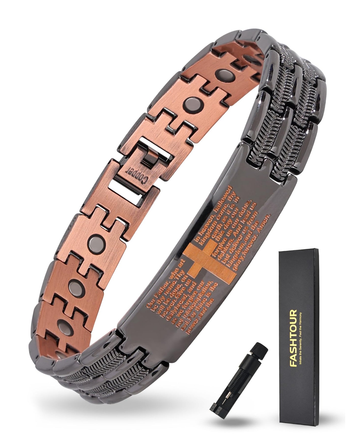 Fashtour Copper Cross Bracelet for Men, Ultra Strength Magnetic Jewelry, Rice-Ear Design Adjustable Copper Biblical Cross Bracelet with Sizing Tool & Box (Black)