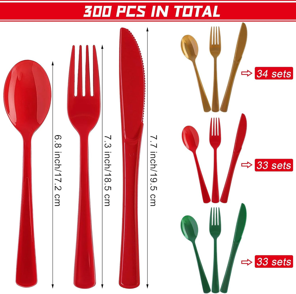 300 Pieces Christmas Plastic Silverware Heavy Duty Plastic Cutlery Set Heavyweight Disposable Flatware Includes Christmas Spoons Forks Knifes for Christmas New Year Party