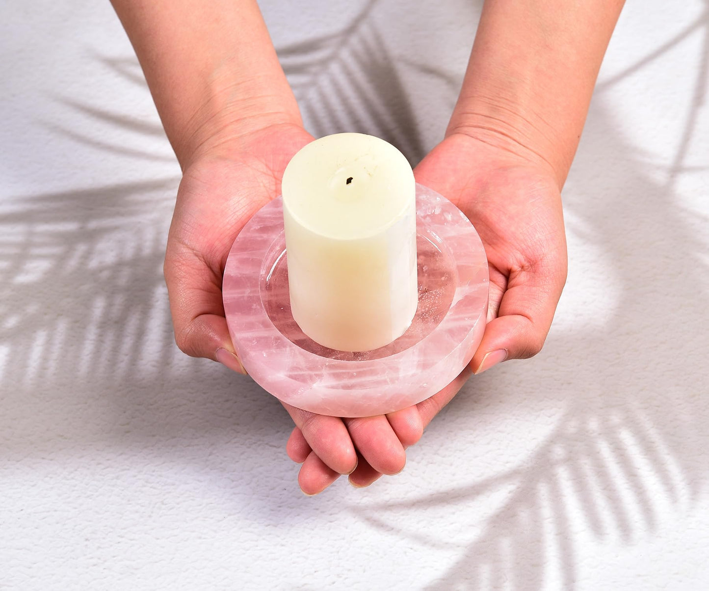 AMOYSTONE Rose Quartz Candle Holder (Pink) Large 4" Round Plate with Dual Use as Coaster & Charger for Jewelry - Natural Crystal Candle Tray for Bedroom, Bathroom, Wedding Decor
