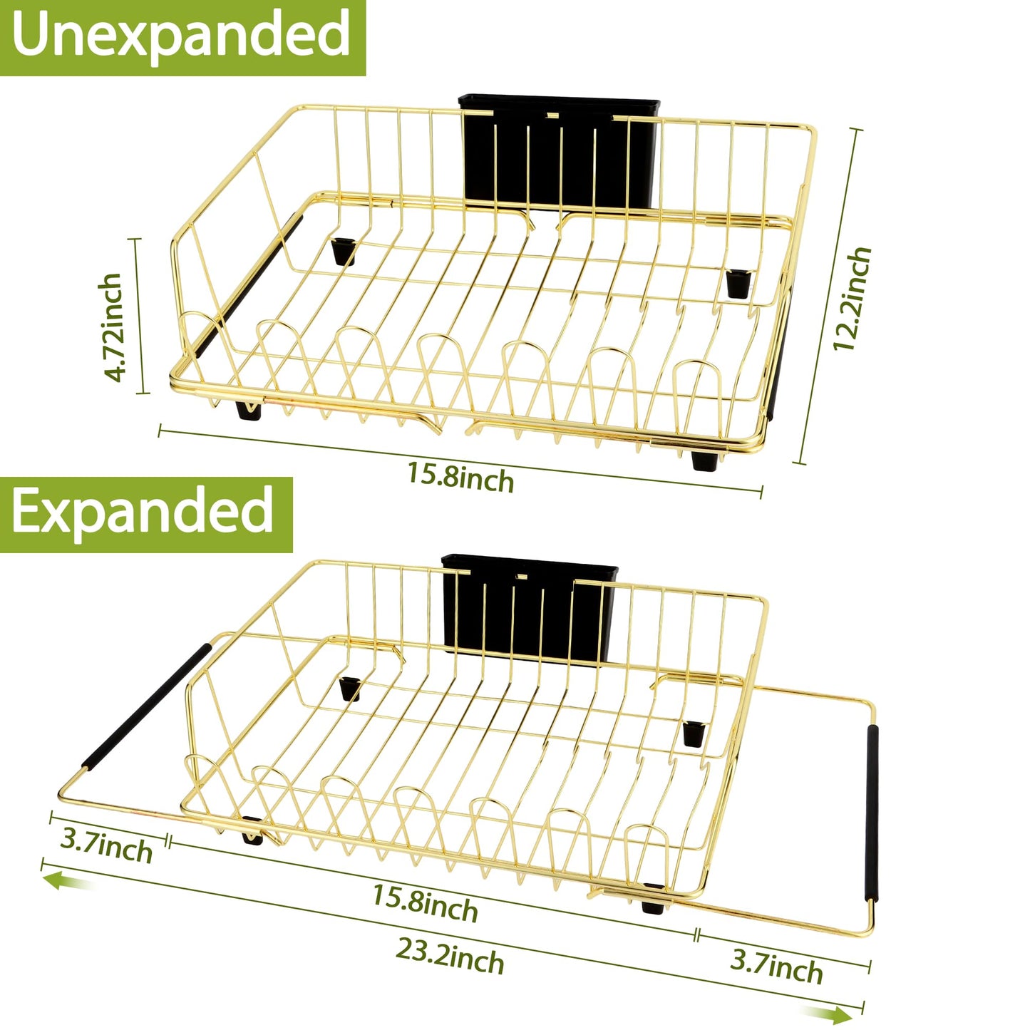 HAYAWEY Golden Expandable Dish Drying Rack-Extra Large Stainless Steel Dish Drainer Over The Sink for Kitchen Countertop with Utensil Holder, Applicable for Sink Width 16'-22' (Gold,23.2'*12.2')