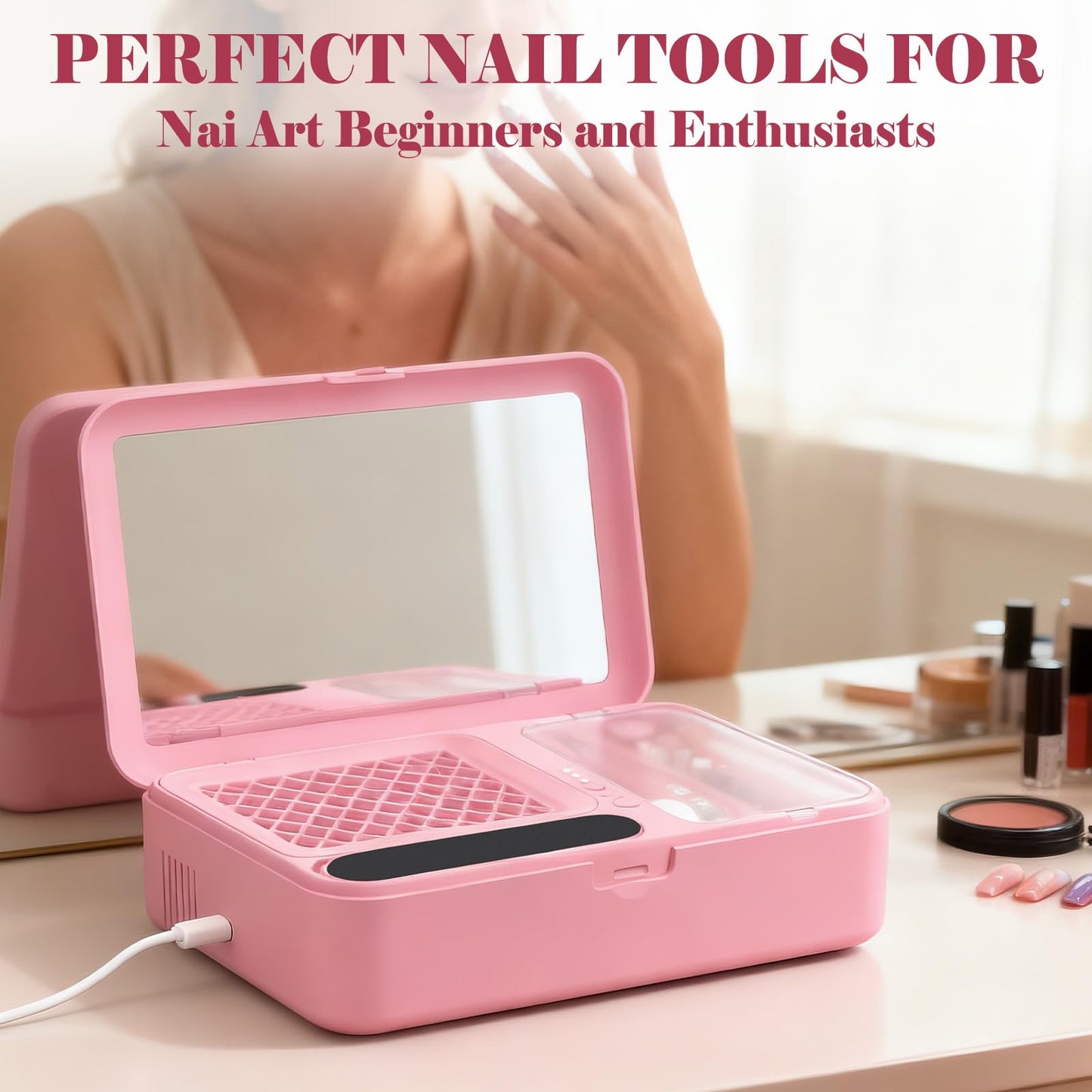 Nail Dust Collector and Cordless Electric Nail Drill File Kit, Professional Portable Manicure Pedicure, 13 Bits, HPro Powerful Dust Suction Machine for Home Salon - Pink