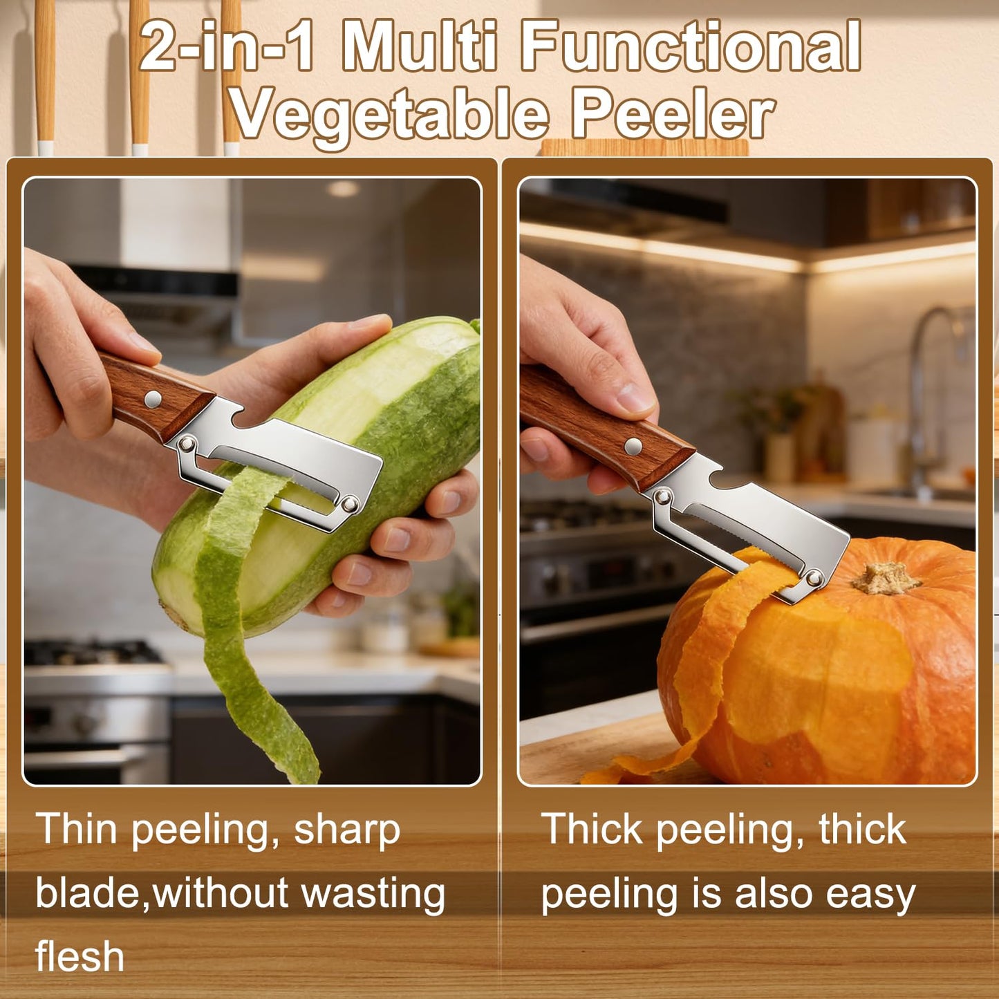 Multi-Functional Vegetable Peeler for Kitchen, 2 in 1 Stainless Steel Vegetable Peeler with Wooden Handle and Bottle Opener,Kitchen Tool for Fruit Apple Potato Carrot Pumpkin Papaya (2pcs)