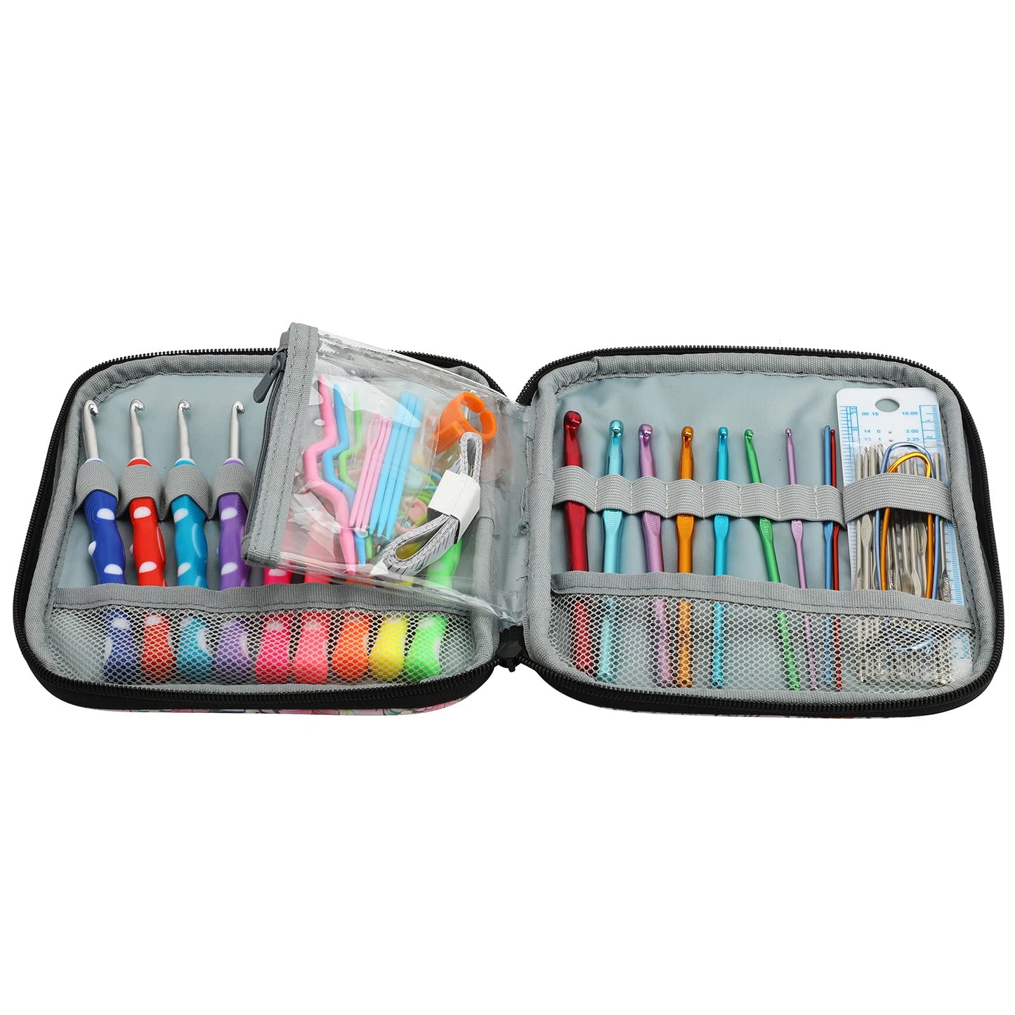 LOOEN Crochet Hooks Set-Yarn Needles Coloured Aluminum with Storage Case Rubbery Handle Ergonomic Comfort Grip DIY Craft Handmake Kit 64pcs