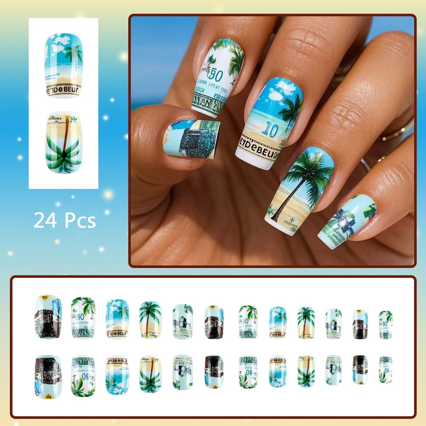 Summer Press on Nails Medium Square Fake Nails with Green Coconut Tree Design Glossy Glue on Nails Blue Sky White Clouds False Nails Acrylic Full Cover Stick on Nails for Women 24Pcs