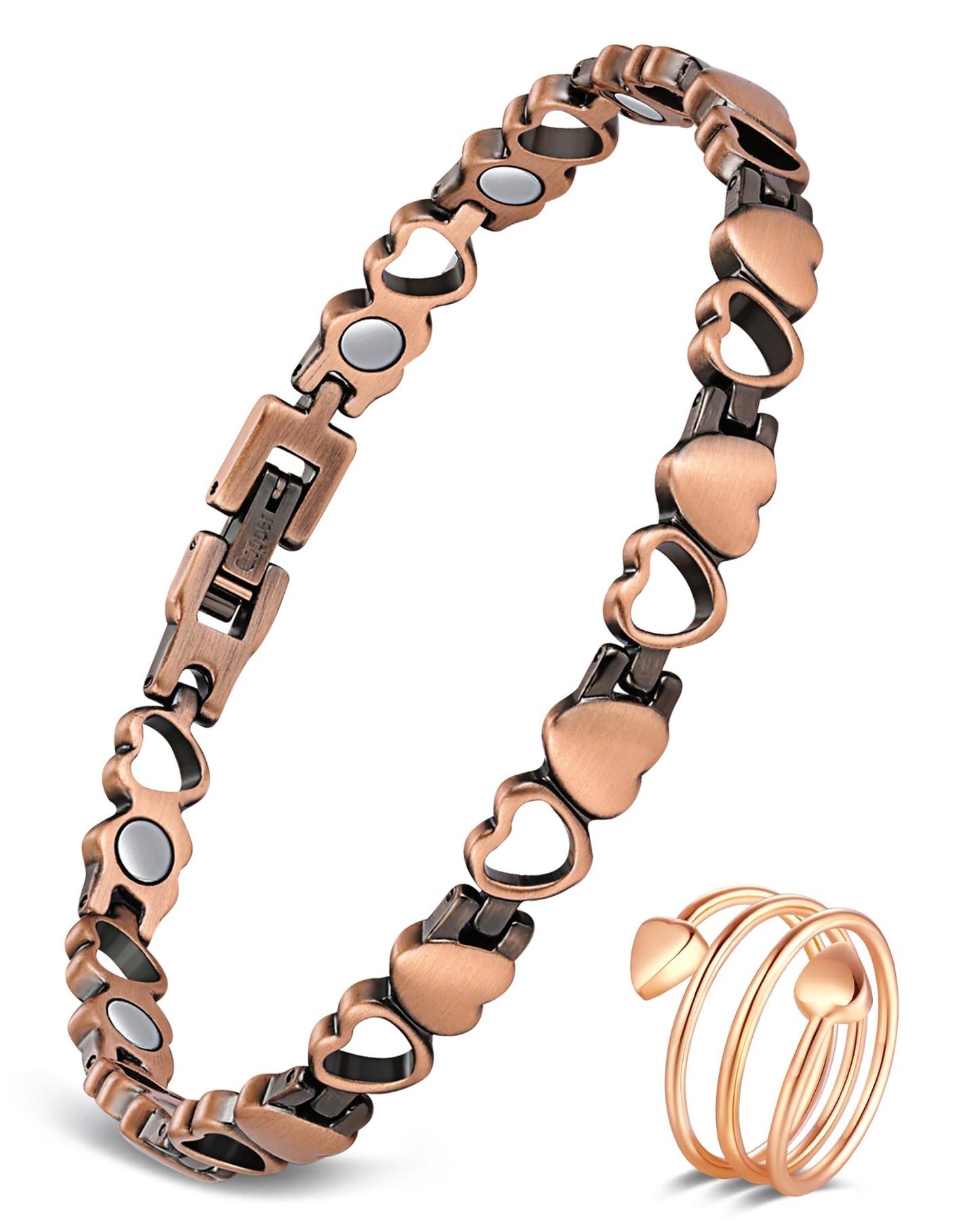 Feraco Copper Bracelet for Women 99.99% Solid Copper Magnetic Bracelets, Unique X Shape Links, Magnetic Field Therapy Jewelry Gifts (Heart Shape with Ring)