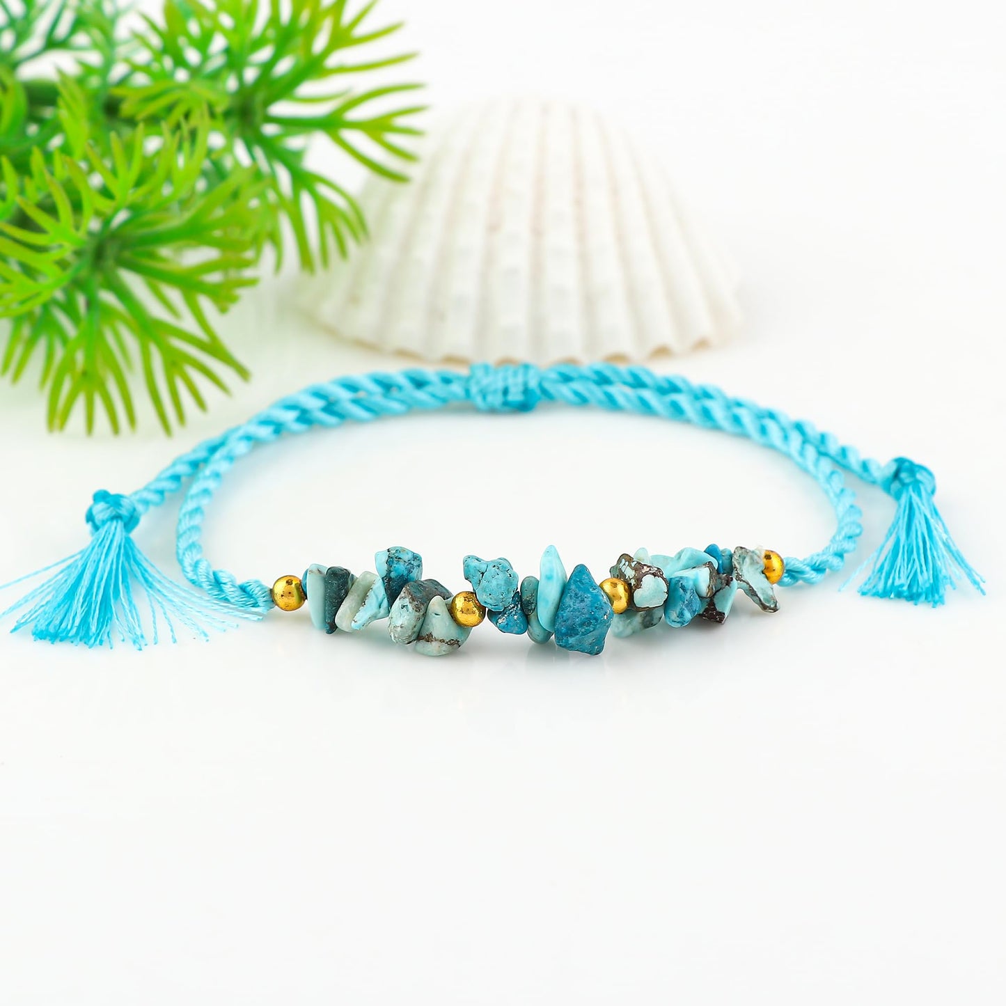 GEMSYMPHONY Turquoise Gemstone Chips Rope Bracelet – Adjustable Handmade Crystal Chip Bead Bracelet for Women & Men, Natural Stone Healing Jewelry, Boho Style, Unisex Spiritual Gift (Turquoise)