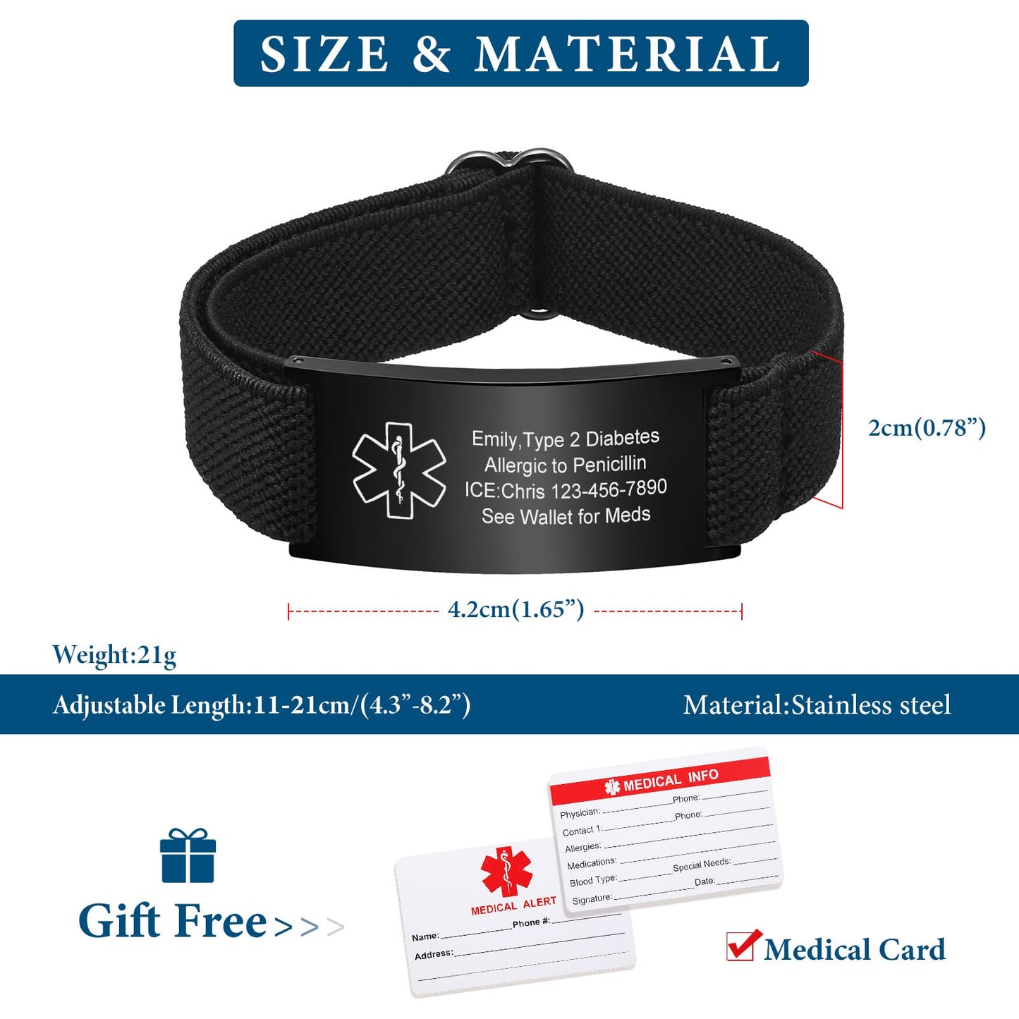 VNOX Medical Alert Id Bracelet for Men, Type 2 Diabetes Medical Alert Bracelets for Men Patients