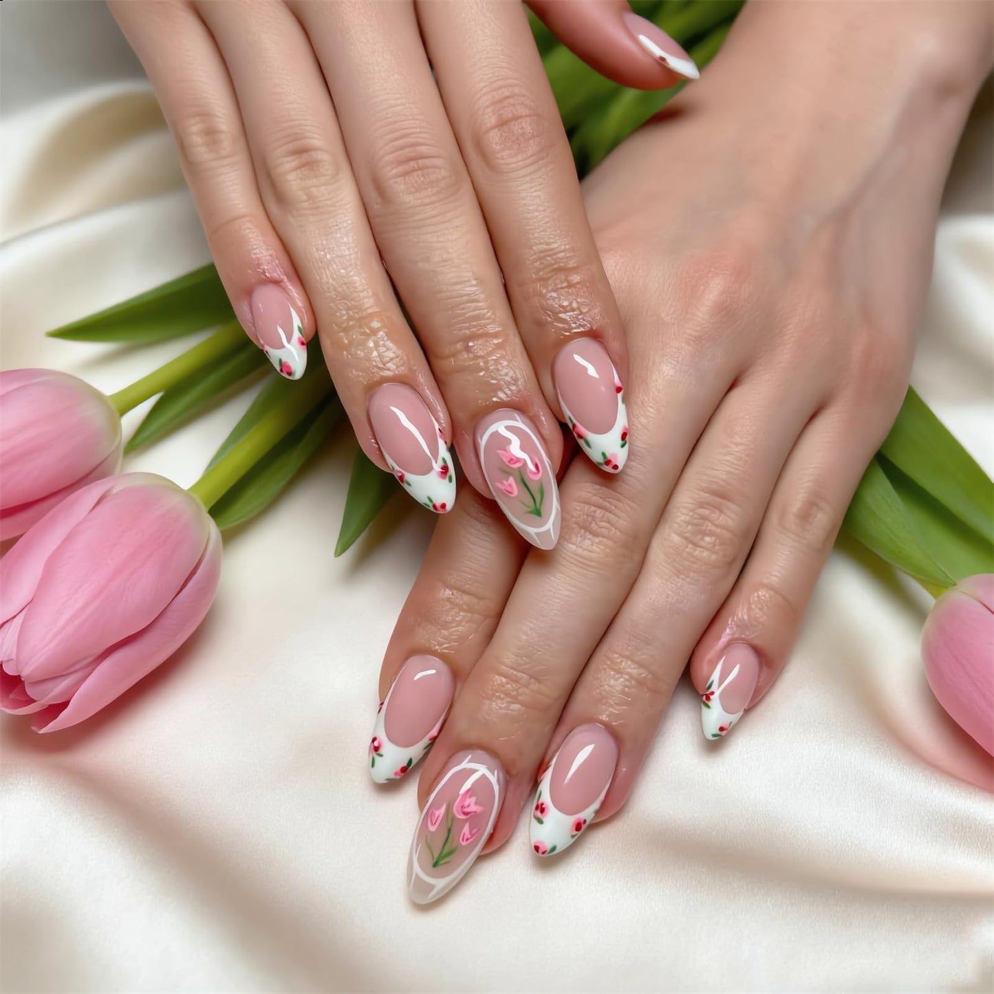 Press On Nails, French Tip Short Pointed Almond Fake Nails with UV Finish, 12 Sizes Quality False Nails, 24Pcs Reusable Press-On Manicure Set with Nail Glue for Women Pattern #01