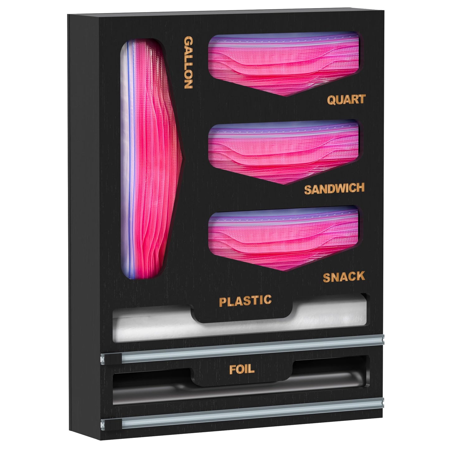 DALSHABET Bamboo Bag Organizer with Magnetic Closure, 6 In 1 Kitchen Drawer Foil and Plastic Wrap Dispenser with Cutter, Storage bag for Gallon, Quart, Sandwich, Snack Black