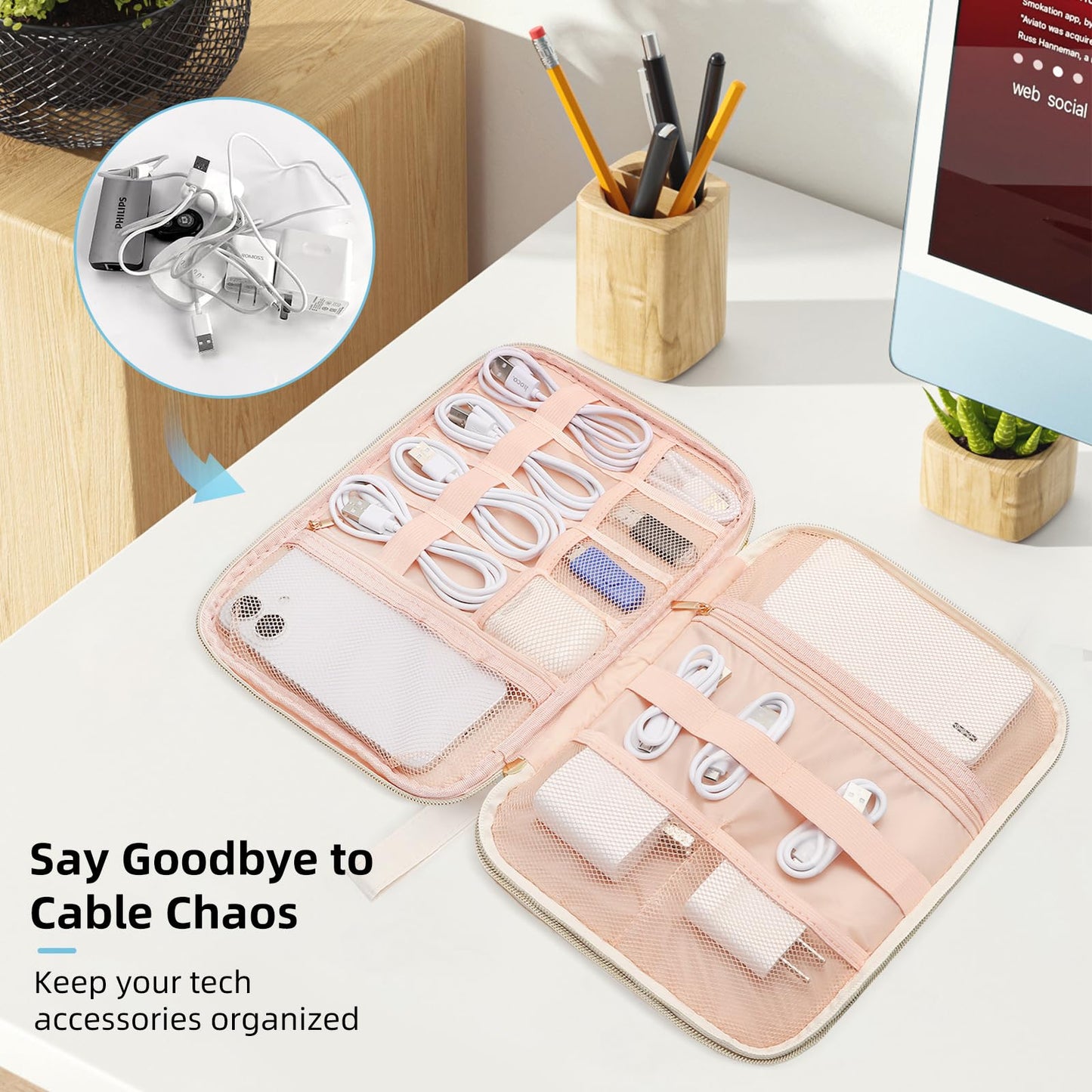 ZFZGFRCS Electronics Organizer Travel Case, Charger Bag Cord Organizer Travel, All-in-One Cable Organizer Bag for Charger, Cords, Phone, Headphones, Flash Drive, SD Card (Beige, Large-Double Layer)