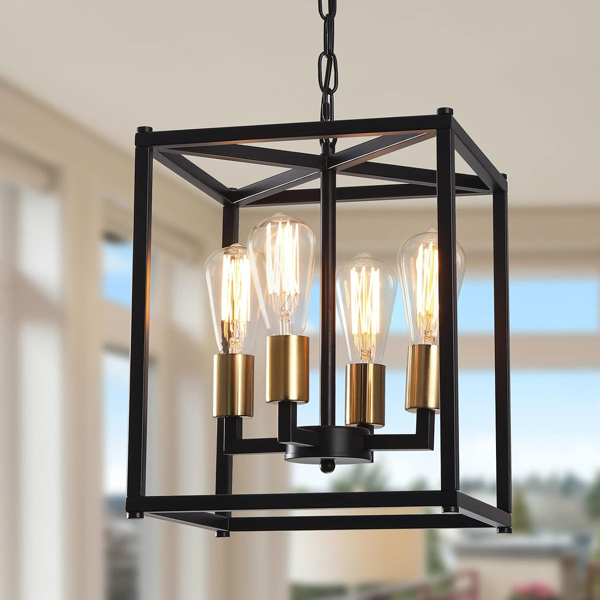 Lantern Pendant Light, 4-Light Gold Chandelier,Modernized Ceiling Hanging Light Fixture for Bedroom Kitchen Island Foyer Living Room Dining Room Hallway