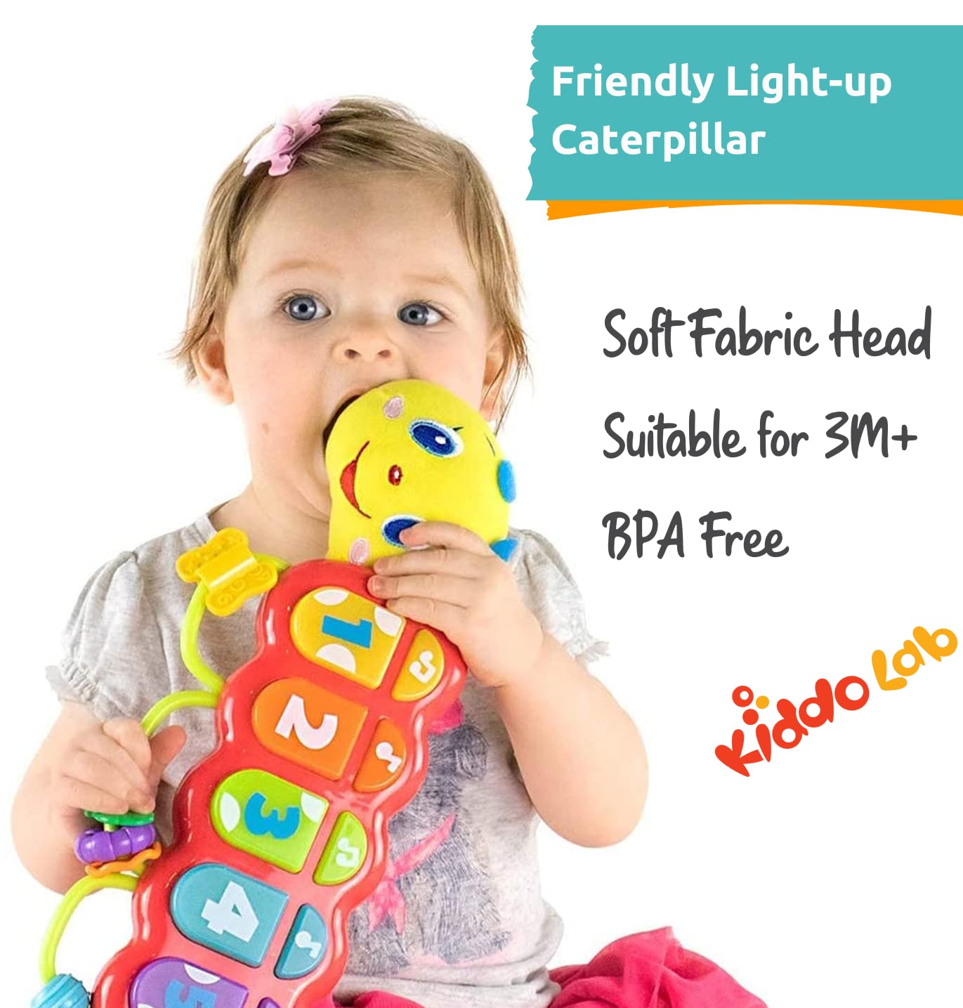 KiddoLab Lira Baby Musical Toy with Lights & Music – Interactive Caterpillar Spinner & Stacking Rings for Infants 3+ Months – Soft Stuffed Animal Head for Sensory Play