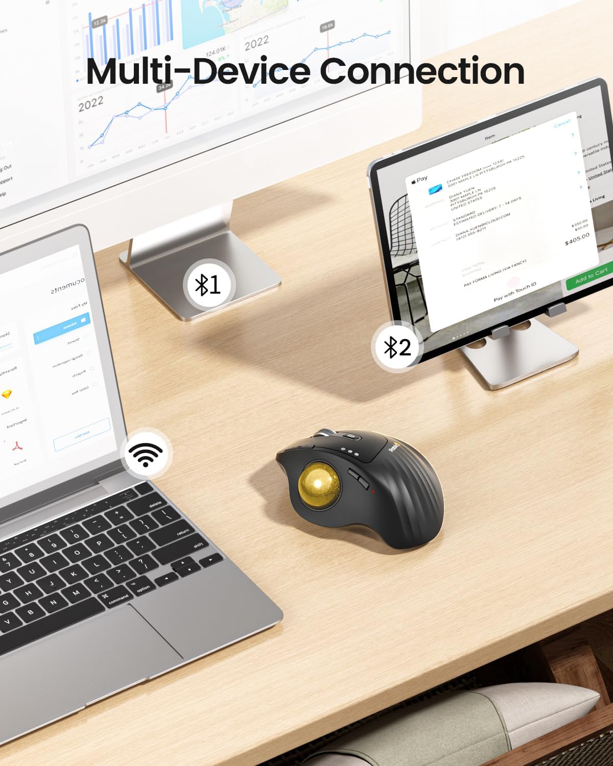 ProtoArc Wireless Trackball Mouse, EM01 NL Ergonomic Bluetooth Rollerball Thumb Rechargeable Computer Laptop Mouse, Adjustable Angle & 3 Device Connection for PC, Mac, Windows-Gold Ball