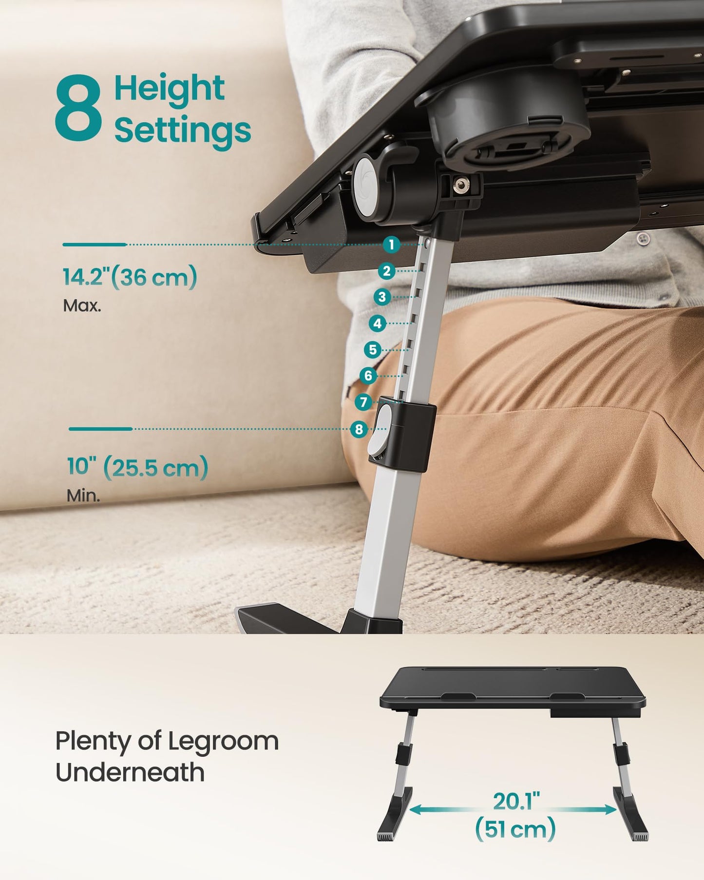 SONGMICS Bed Laptop Desk, Foldable Bed Desk for Laptop, 15.7 x 22 Inches Large Desktop, 120° Stepless Tilt, Adjustable Height, Cup Holder, Tray, Portable Bed Sofa Table, Ink Black ULLD113BC01