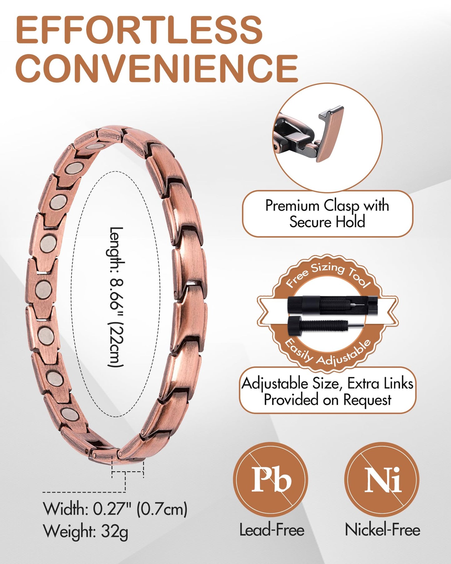 Feraco Copper Bracelet for Women Hand Forged 99.99% Pure Solid Copper Magnetic Bracelets with Pro Neodymium Magnets