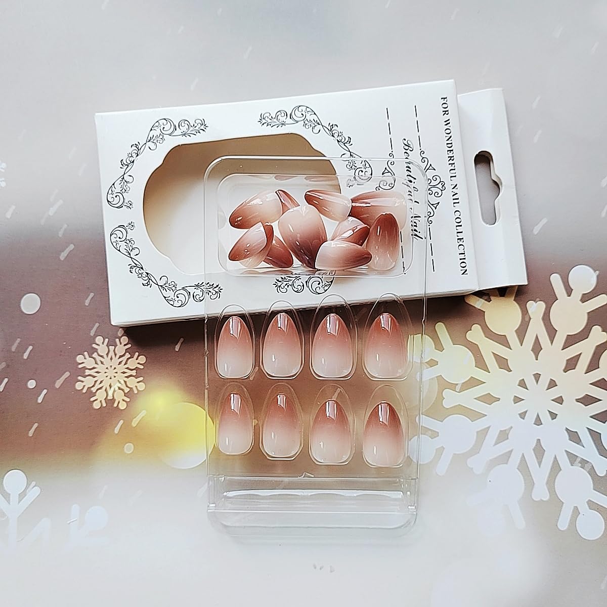 24Pcs Brown Press on Nails Short Almond Fake Nails Fall Gloss Acrylic Nails French Gradient False Nails Petite Artificial Nails Full Cover Stick on Nails Reusable Artificial Nails for Women Girls