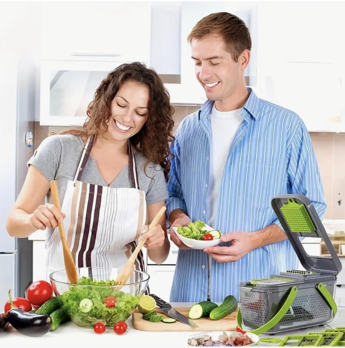 14 in 1 Vegetable Chopper Dicer with Container, Mandoline Slicer, Cheese Grater, Cabbage Shredder, French Fry Cutter, Stainless Steel Manual Hand Kitchen Gadget for Onion Potato Fruit