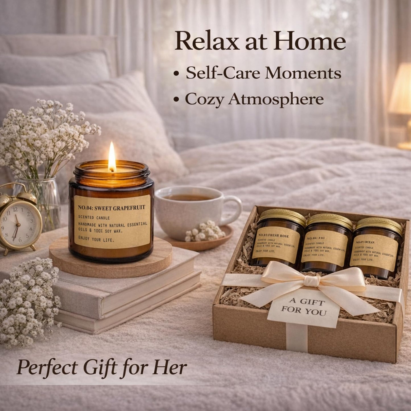 Scented Candles for Home, 8 Pack Soy Wax Candle Set, Aromatherapy Candles, Amber Jar Vintage Apothecary Style, 8 Scents Gift Set