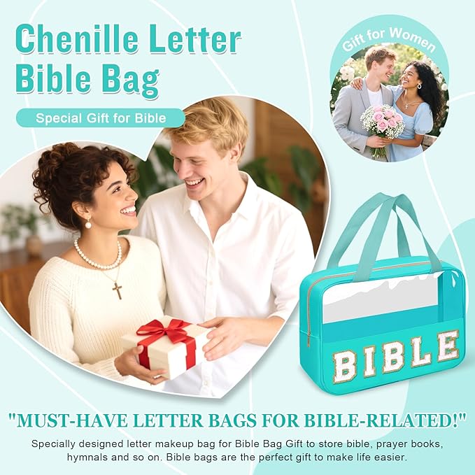 Chenille Letter Bible Bag Case for Girls,Large Study Supplies Church Bag Cover Purse Fits All Bibles,Cute Preppy Christian Tote with Handle Zipper Bible Accessories Gifts for Women(BIBLE-Green)