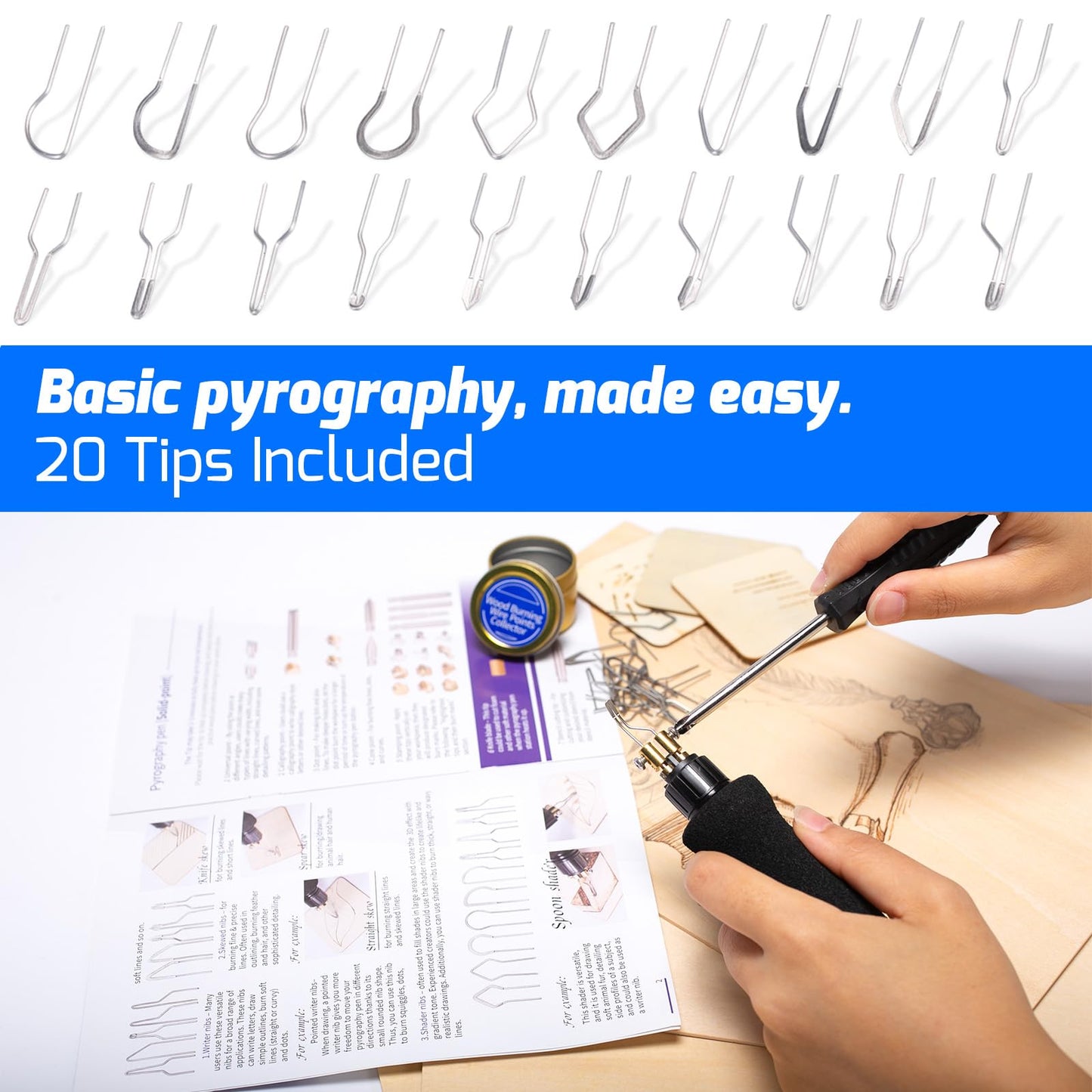 WEP 939D-VI Dual Pen Wood Burning Kit 250-750℃/482-1382℉ A/B Toggle Wood Burning Tool with 2 Detachable Pens, 20 Wood burner Tips, Dual-Barrel Holder. Suitable for Pyrography, Leather Burning Kit