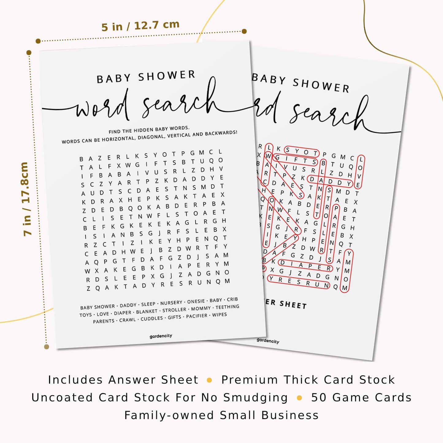 GardenCity 50 Baby Shower Word Search Game Cards, Fun Baby Shower Games for Boy or Girl, Gender Neutral - Minimalist