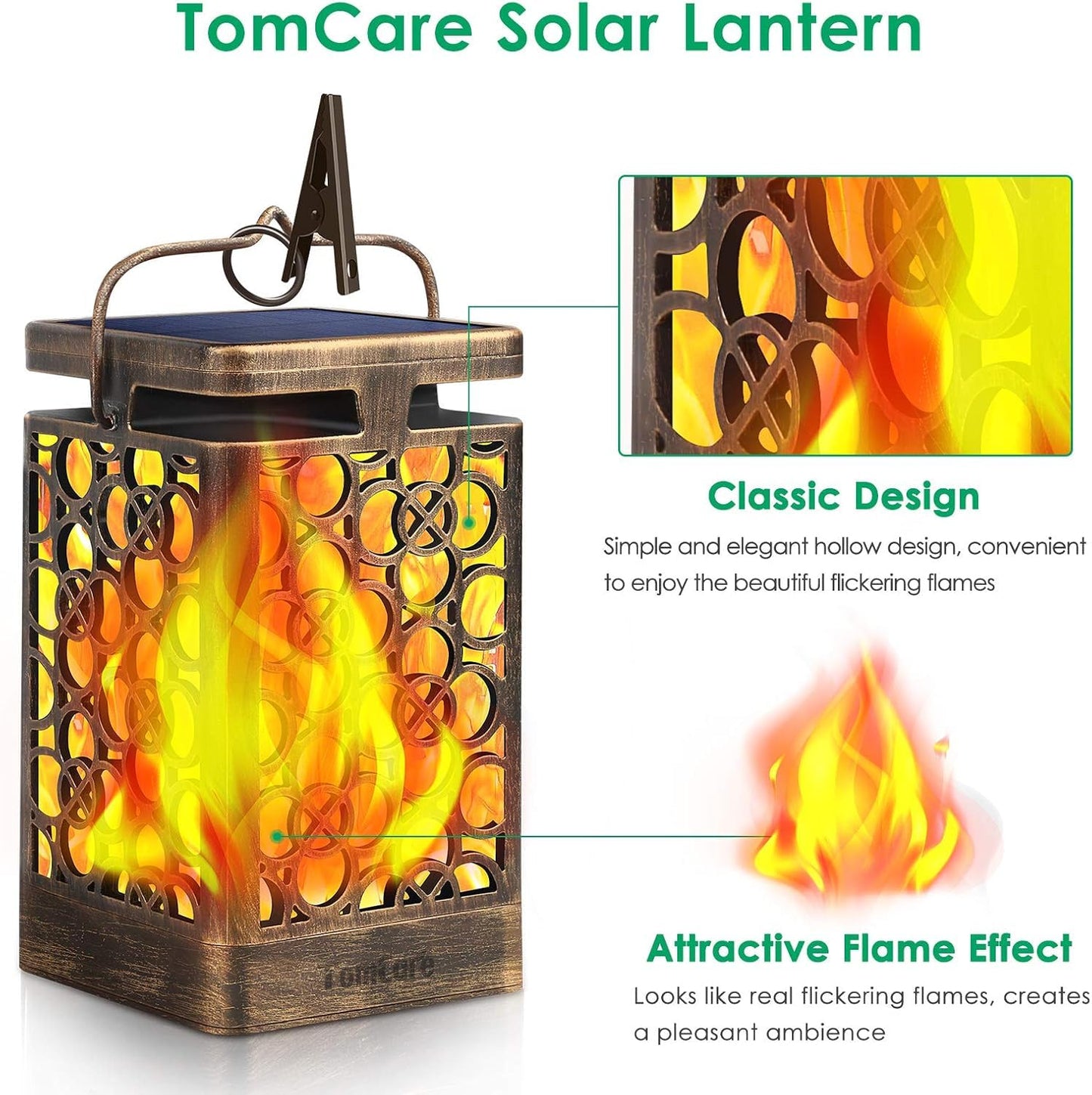 TomCare Solar Lights Upgraded Solar Lantern Flickering Flame Outdoor Hanging Lantern Decorative Lighting Solar Powered Waterproof LED Flame Umbrella Lights for Patio Garden Deck, 4 Pack(Bronze)