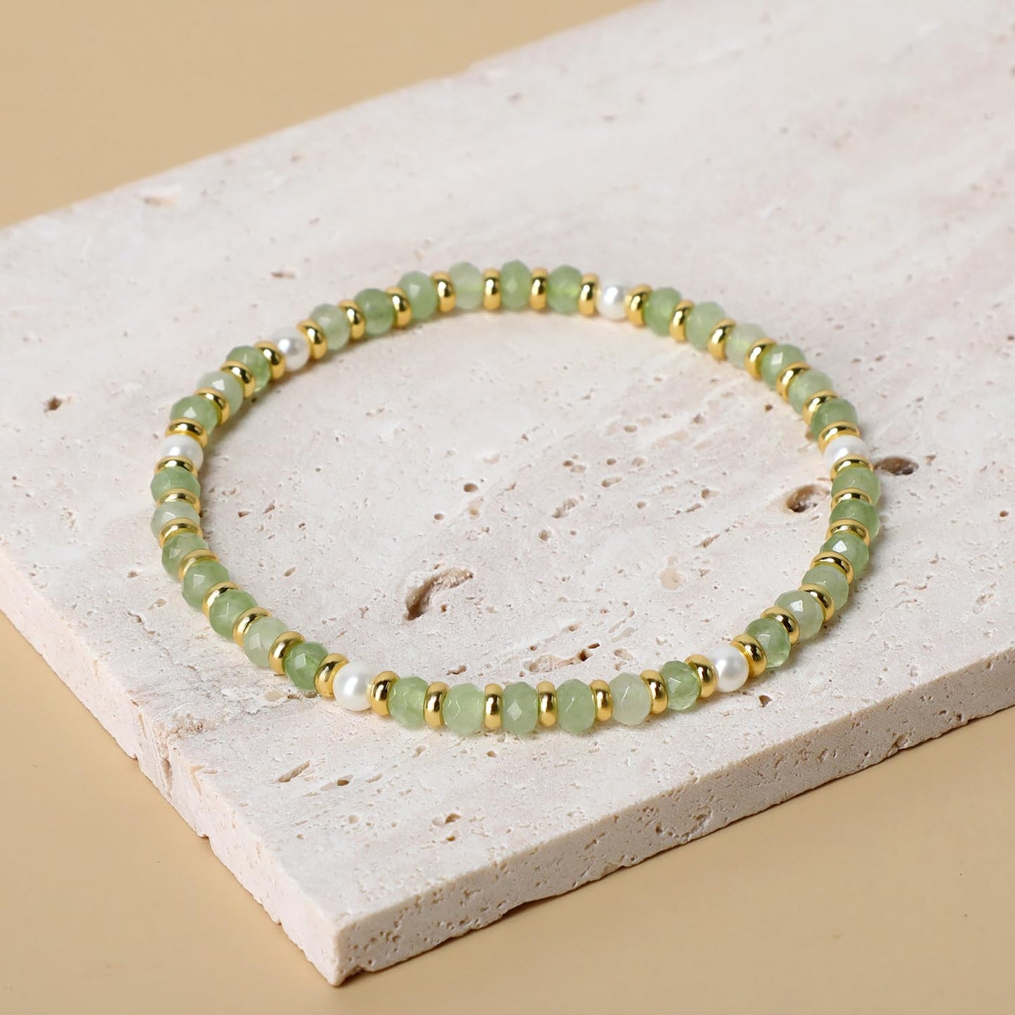 QOGIR Green Aventurine - Prosperity - 14K Gold Plated Beads Natural Gemstone Stretch Elastic Dainty Healing Beaded Bracelets Gifts 2x4mm