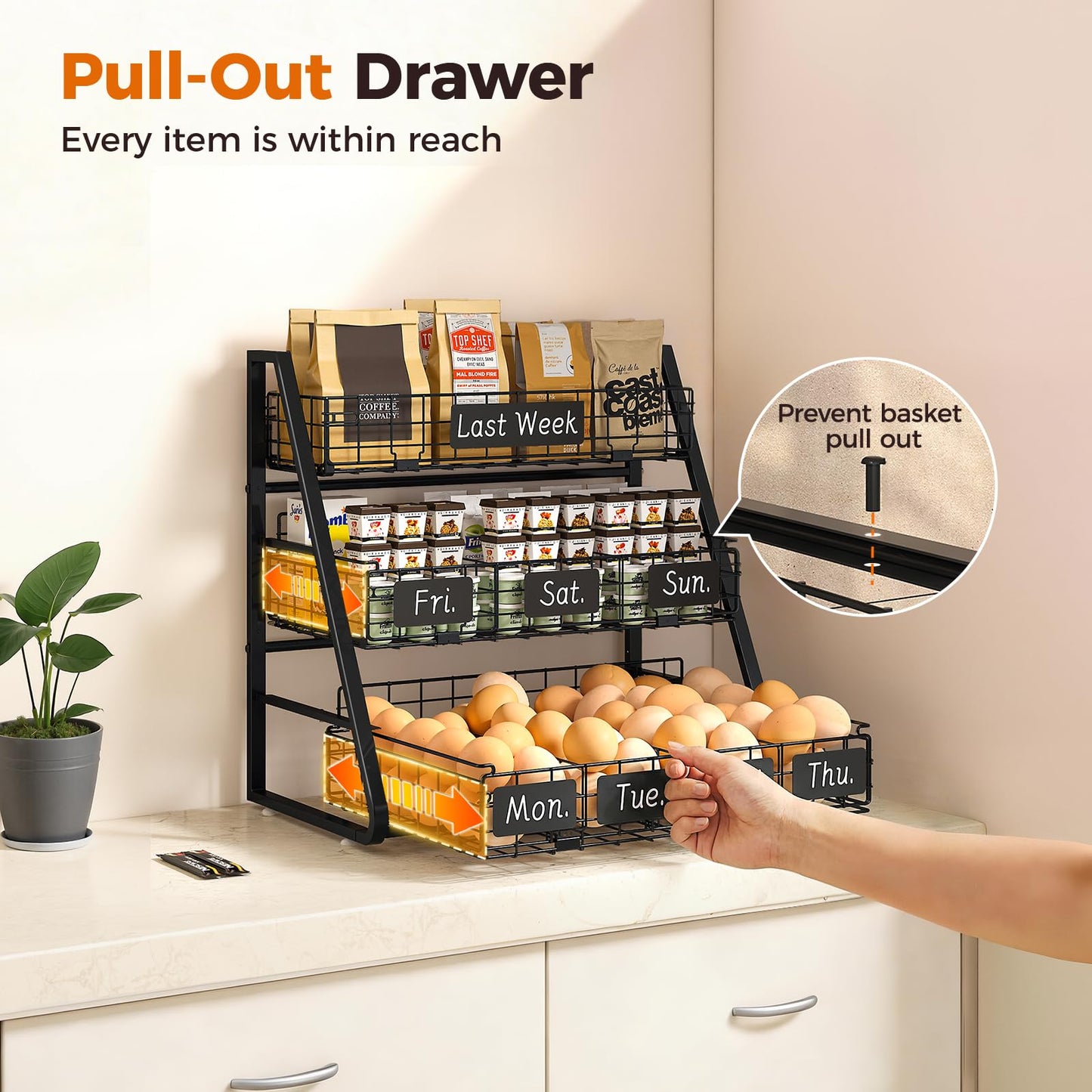 Sevenblue Upgraded Egg Holder Countertop with Removable 5 Dividers & Date Plate, 3 Tier Pull Out Large Egg Basket for Gathering Fresh Eggs, Kitchen Organizer, The Size - 16.7“x16.6”x11.3"
