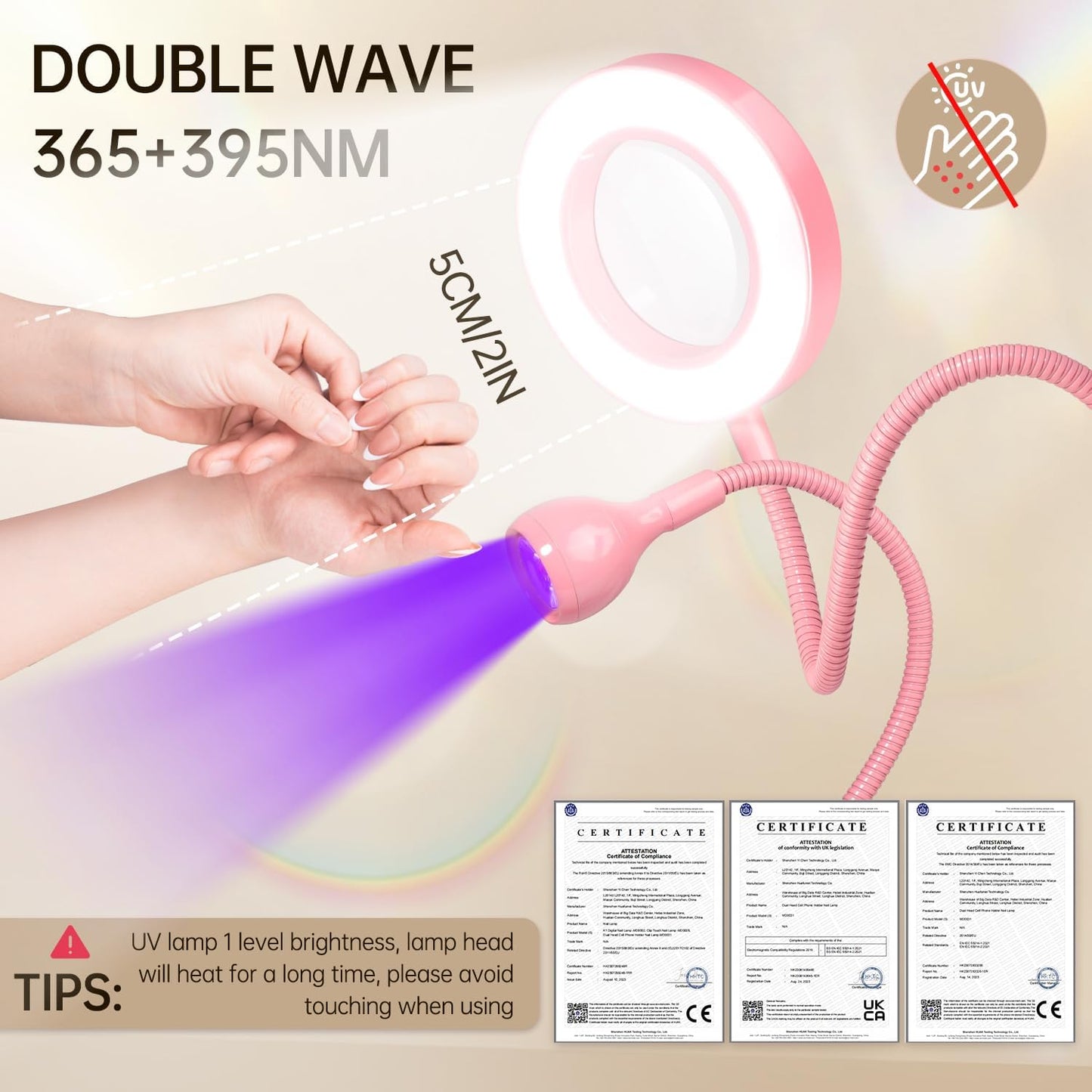 AORAEM LED UV Nail Lamp: Double-Headed Gooseneck Lamp for Gel Nails, LED Flash Cure Light with 6X Magnifier Home DIY Salon, Pink