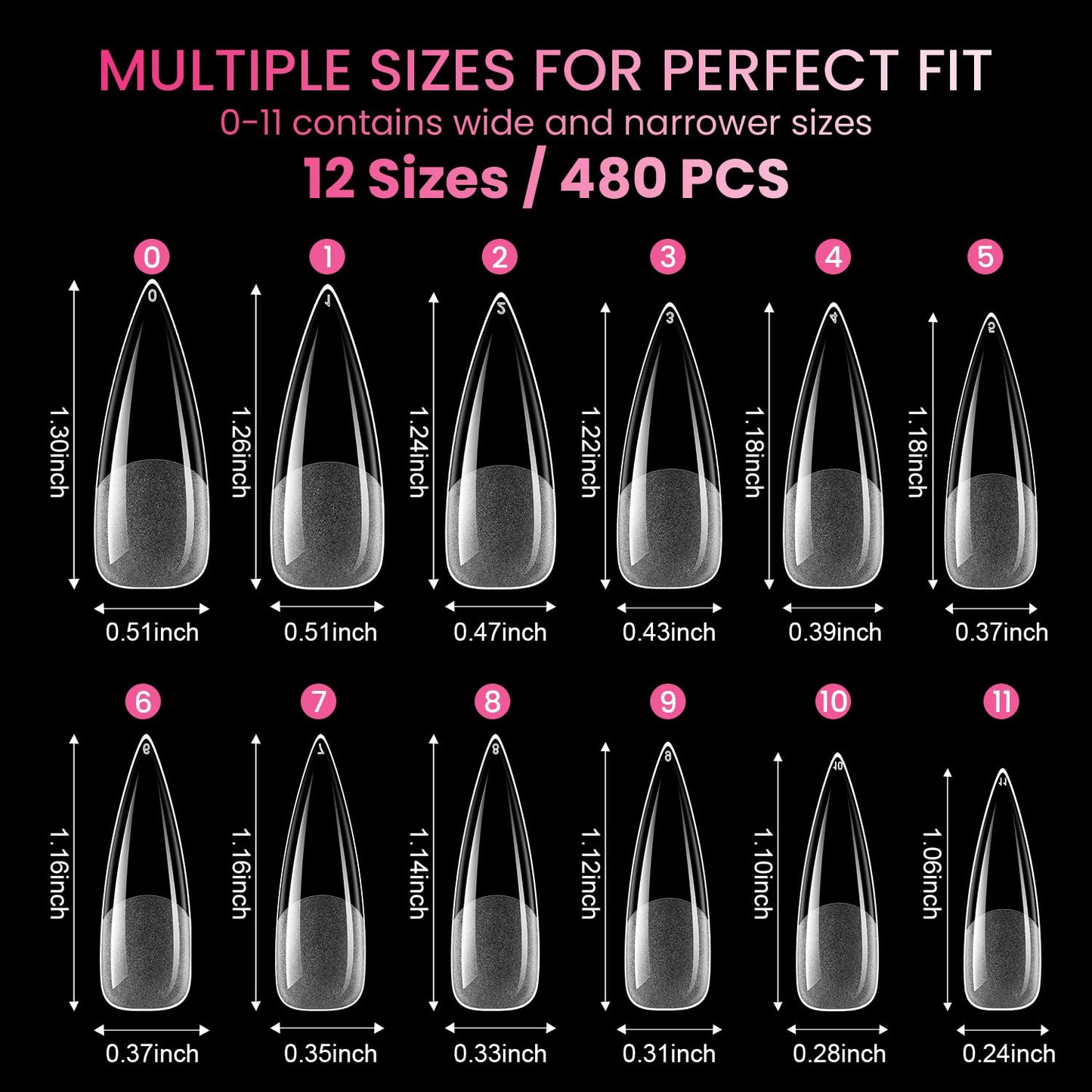Clear Stiletto Nail Tips Long, MORGLES 480PCS Acrylic Nail Tips Full Cover 12 Sizes (0–11) with Nail Glue, Cutter, Files & Cuticle Tools