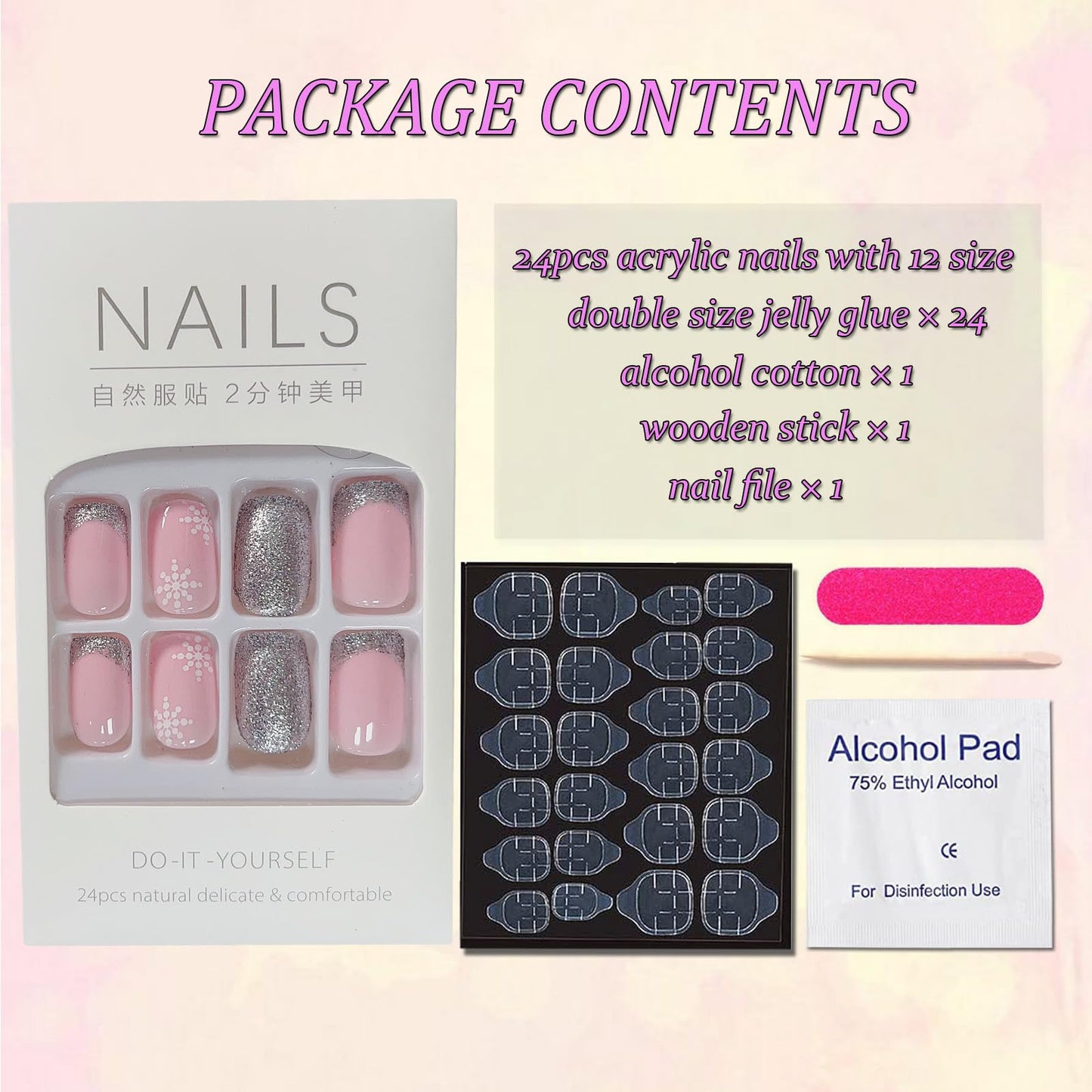 Christmas Snowflake Press on Nails French Tip Fake Nails Glossy Silver False Nails Tips with White Snowflake Designs Acrylic Nails Press ons Winter Glue on Nails Short Square Stick on Nails for Women