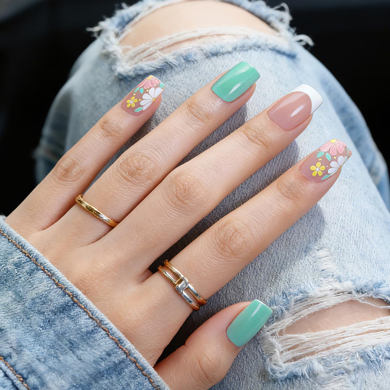 Goolich Green Blooming Flower Press On Nails Medium Square, Nails Press ons with Adhesive Tabs, 24 Pcs 12 Size Reusable Full Cover Glue on Nails for Women
