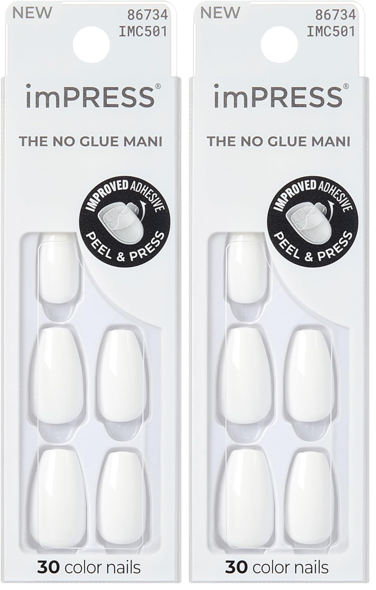 KISS imPRESS No Glue Mani Press On Nails, Color, 'Frosting', white, Medium Size, Coffin Shape, Includes 30 Nails, Prep Pad, Instructions Sheet, 1 Manicure Stick, 1 Mini File (Pack of 2)